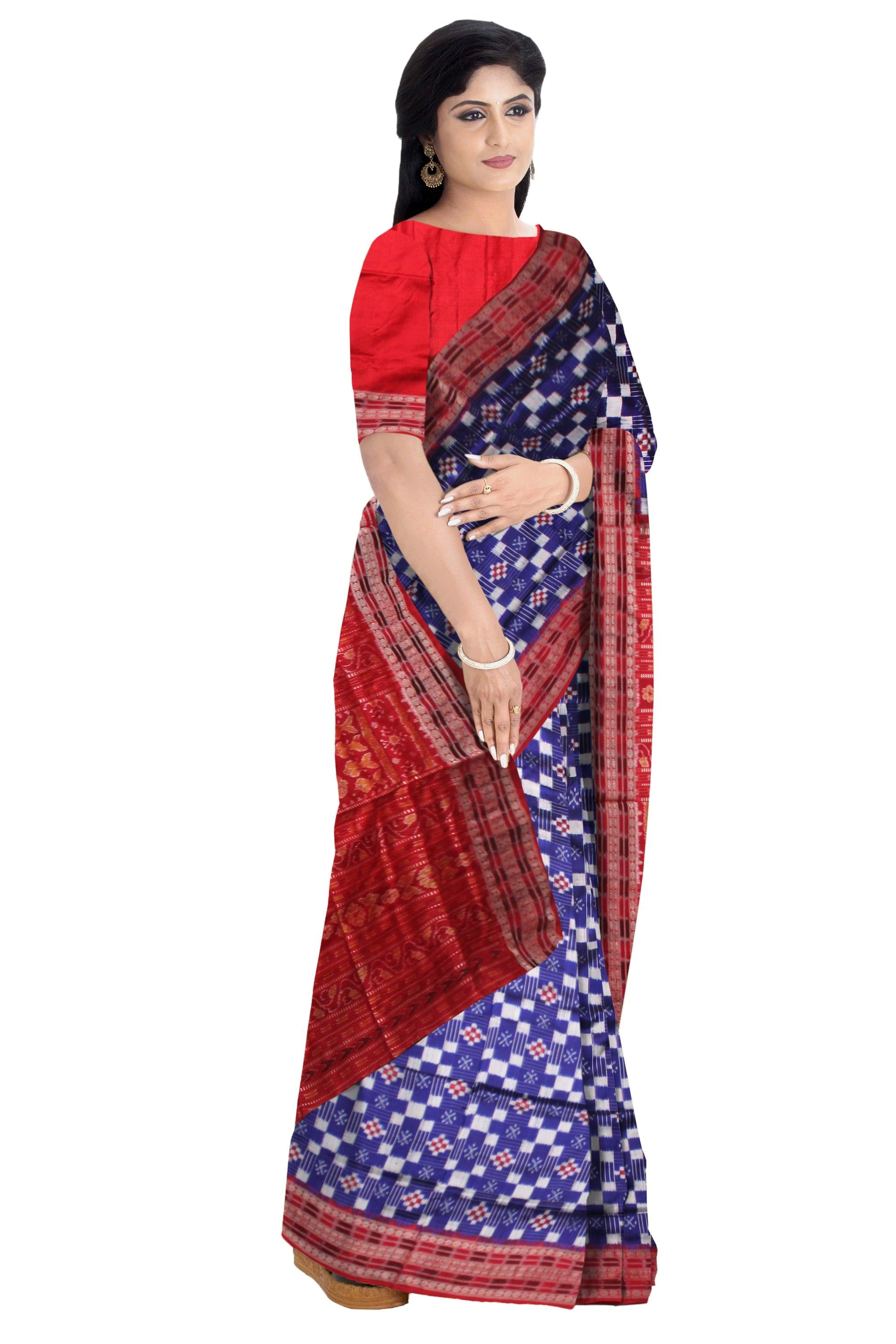FESTIVAL COLLECTION  PASAPALI PATTERN PATA SAREE IN BLUE AND RED COLOR BASE, ATTACHED WITH BLOUSE PIECE. - Koshali Arts & Crafts Enterprise