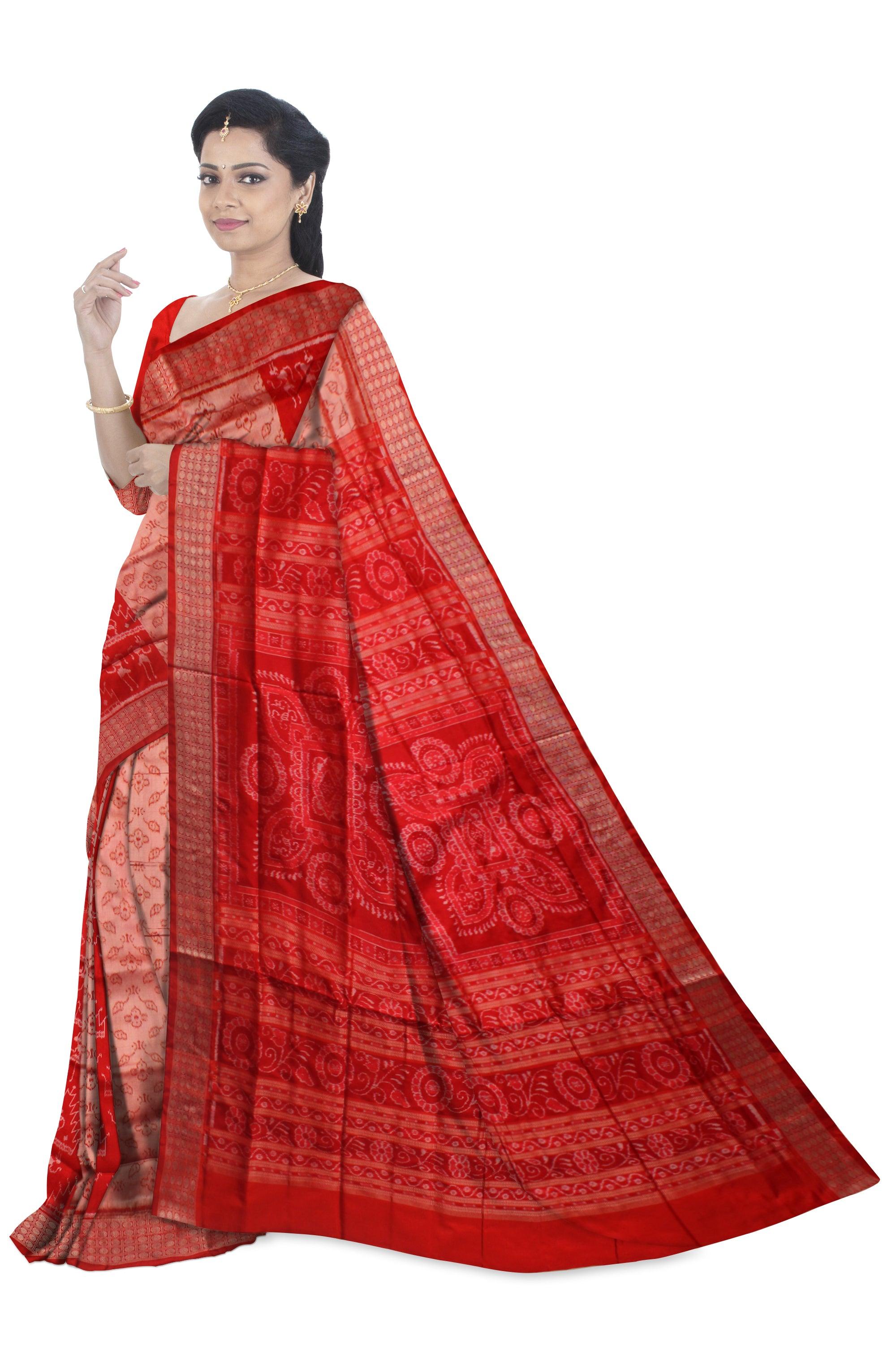 LATEST PATTERN PURE PATA SAREE IN RED AND LIGHT SILVER COLOR BASE, COMES WITH BLOUSE PIECE. - Koshali Arts & Crafts Enterprise