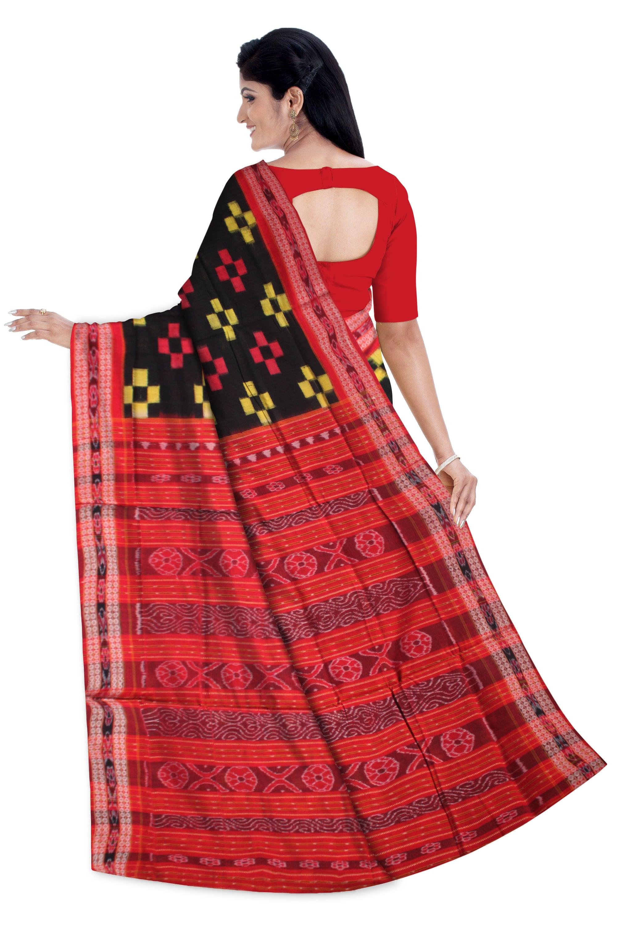 BLACK AND RED COLOR PASAPALI PATTERN COTTON SAREE, WITH OUT BLOUSE PIECE. - Koshali Arts & Crafts Enterprise