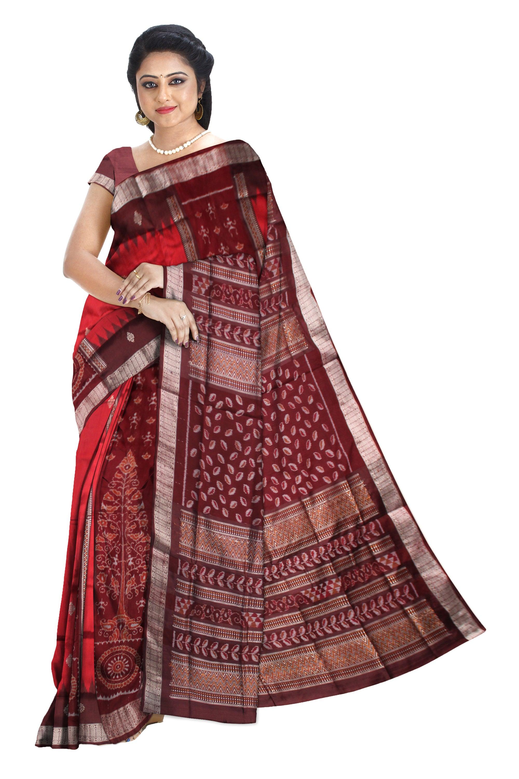 LATEST TREE AND TERRACOTTA PATTERN BOMKEI PATA SAREE IN MAROON AND COFFEE COLOR BASE, ATTACHED WITH BLOUSE PIECE. - Koshali Arts & Crafts Enterprise