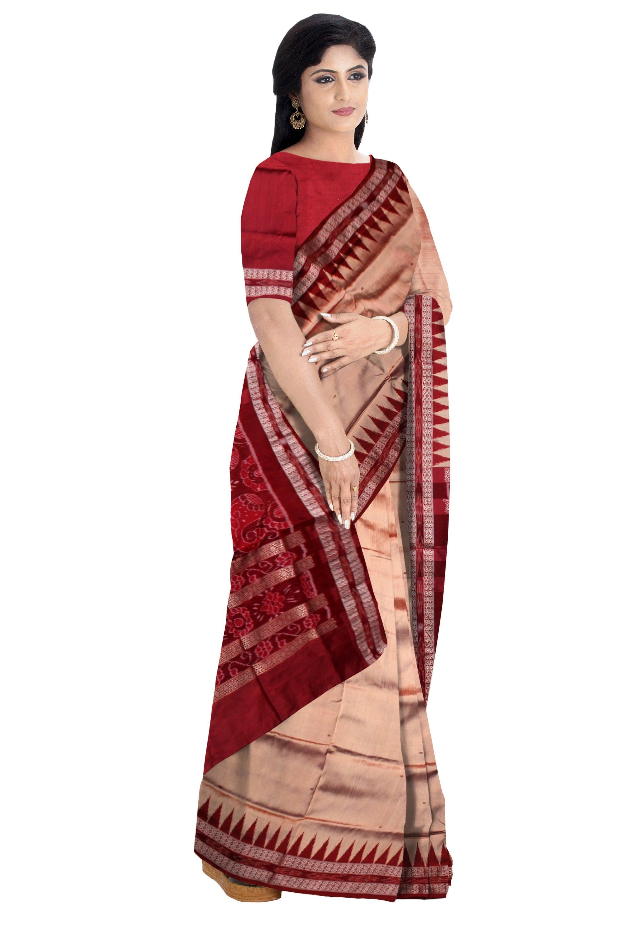 LATEST BOOTY PATTERN PATA SAREE IN PEACH AND MAROON COLOR BASE, BORDER IS RUDRAKSHA AND KUMBHA PATTERN. WITH BLOUSE PIECE. - Koshali Arts & Crafts Enterprise