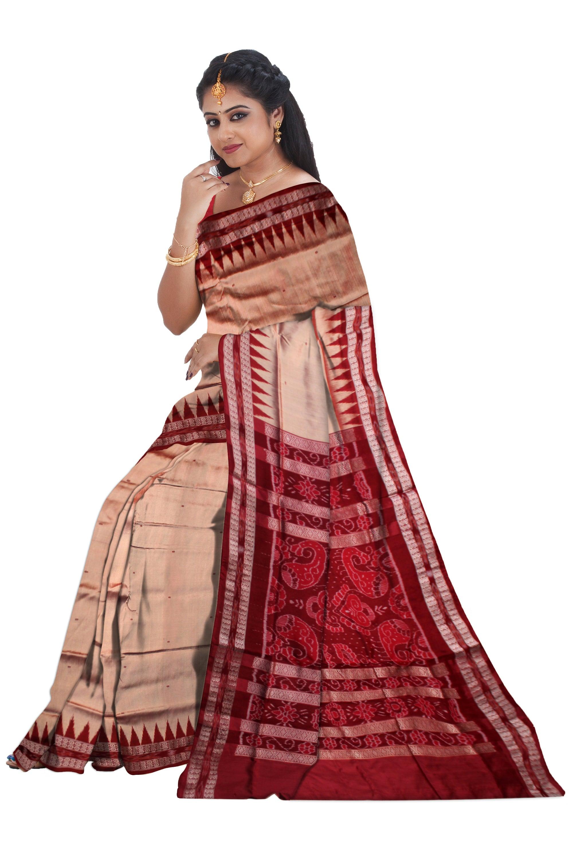 LATEST BOOTY PATTERN PATA SAREE IN PEACH AND MAROON COLOR BASE, BORDER IS RUDRAKSHA AND KUMBHA PATTERN. WITH BLOUSE PIECE. - Koshali Arts & Crafts Enterprise