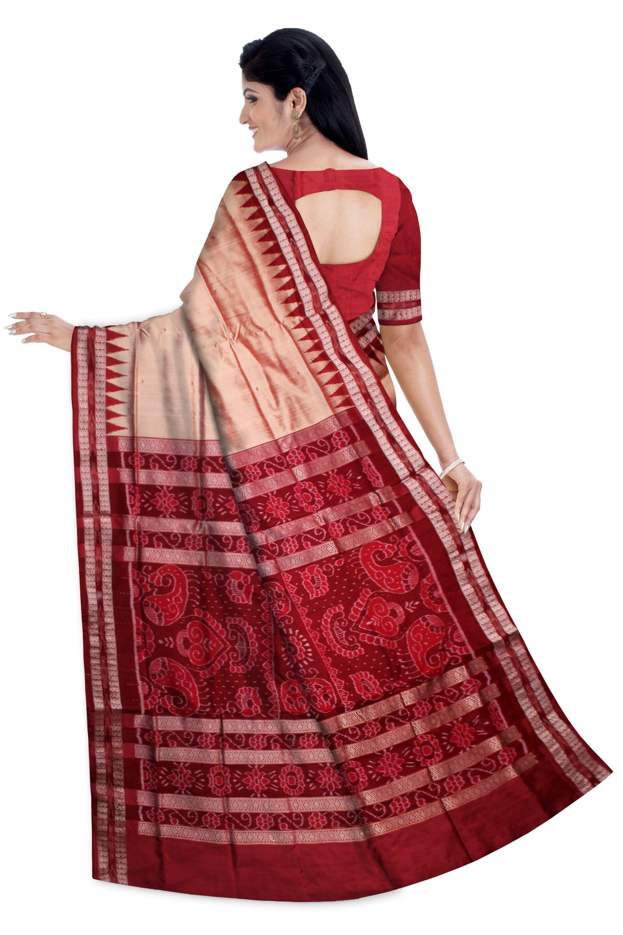 LATEST BOOTY PATTERN PATA SAREE IN PEACH AND MAROON COLOR BASE, BORDER IS RUDRAKSHA AND KUMBHA PATTERN. WITH BLOUSE PIECE. - Koshali Arts & Crafts Enterprise