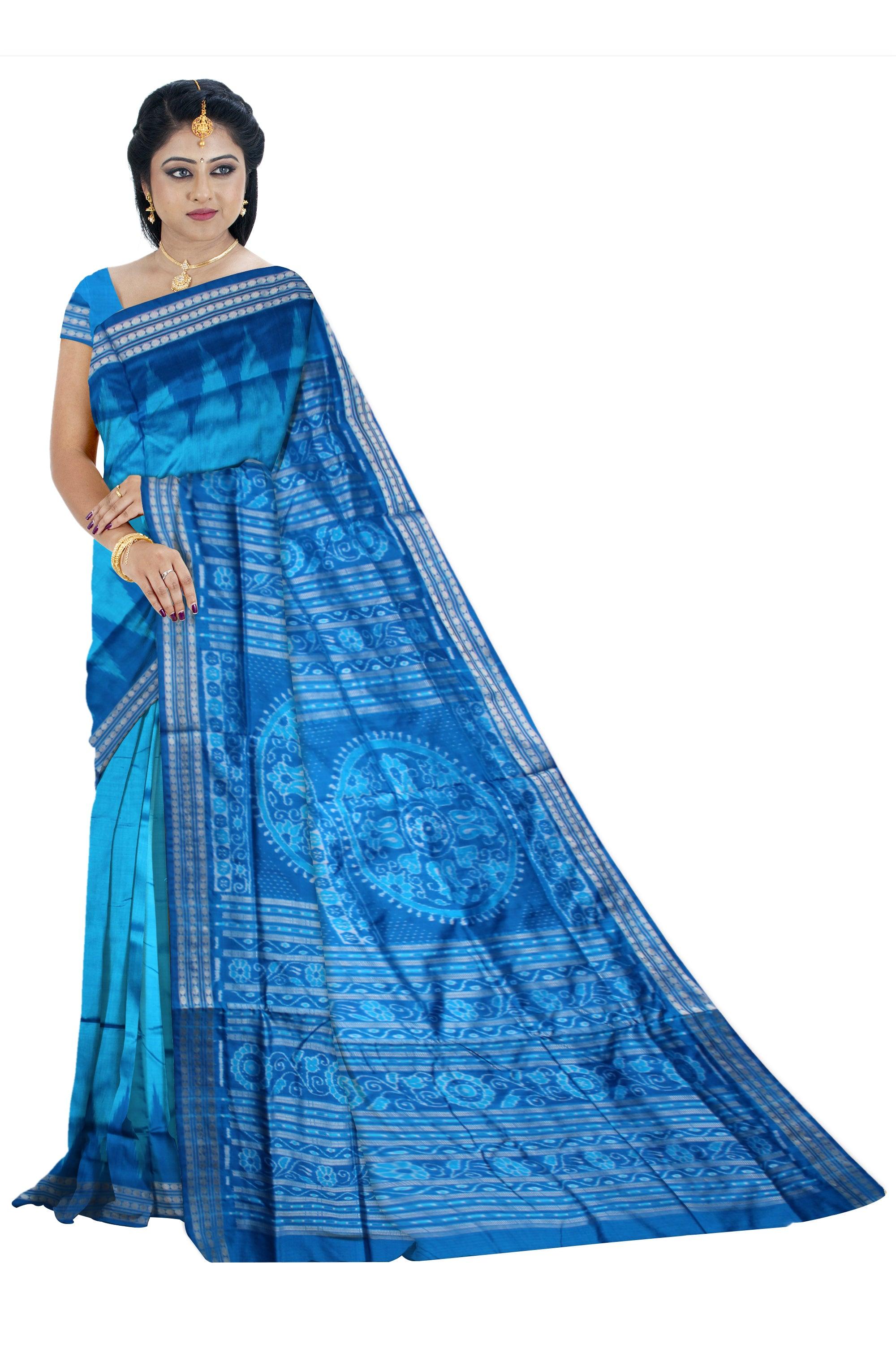 SKY AND BLUE COLOR BOOTY PATTERN PATA SAREE, WITH BLOUSE PIECE. - Koshali Arts & Crafts Enterprise
