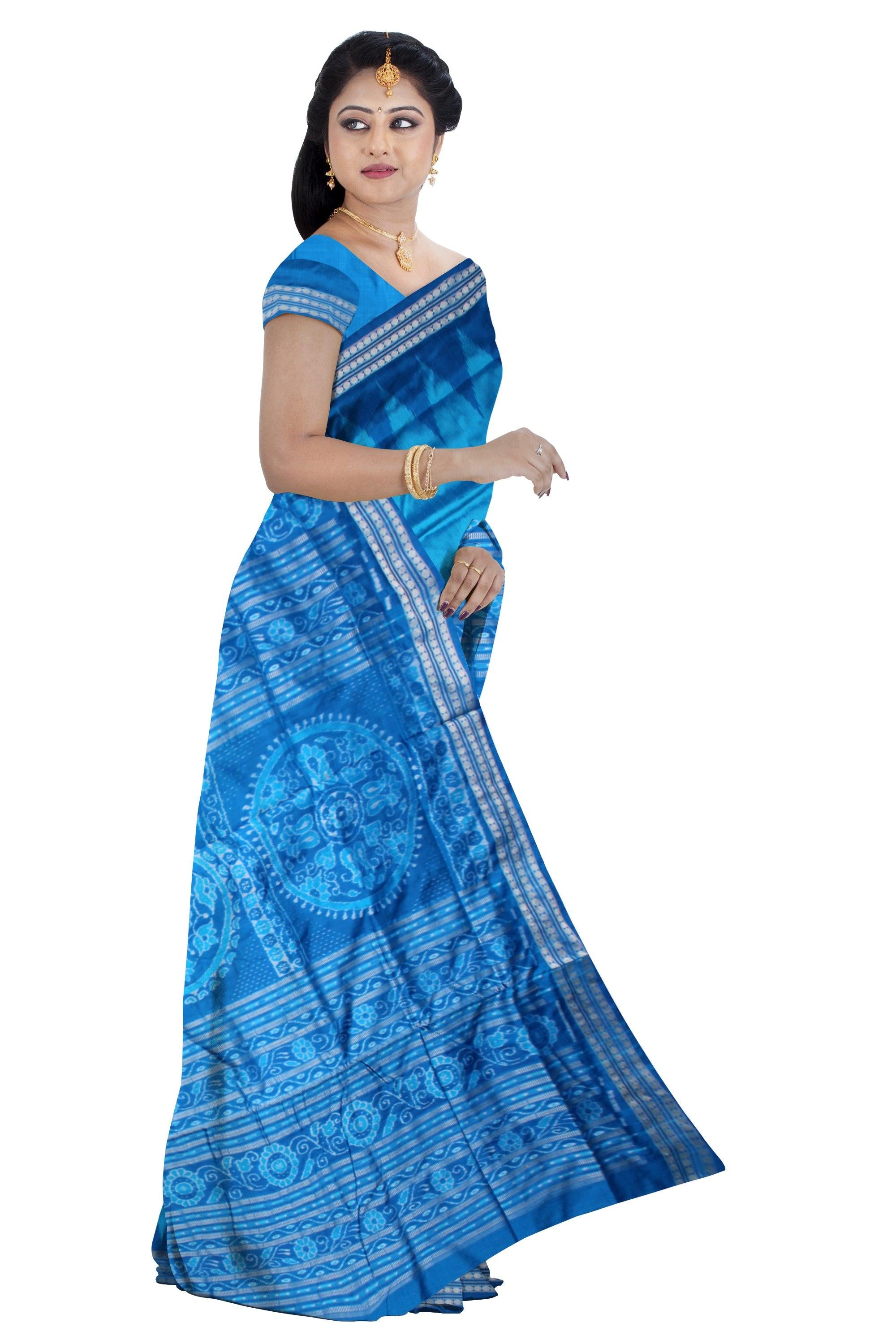 SKY AND BLUE COLOR BOOTY PATTERN PATA SAREE, WITH BLOUSE PIECE. - Koshali Arts & Crafts Enterprise