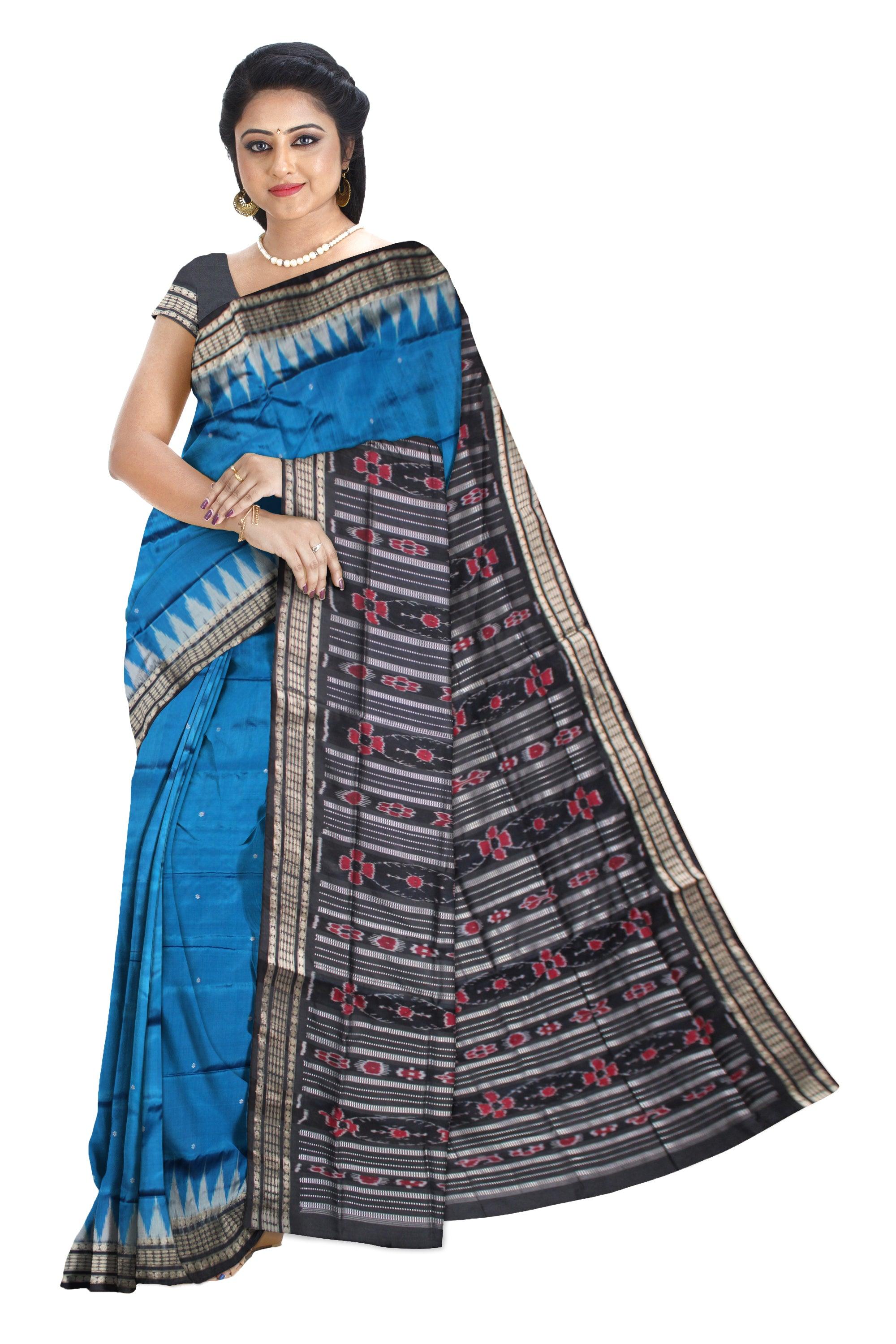 NEW PATTERN BORDER BLUE AND BLACK COLOR BOOTY PATTERN PATA SAREE WITH BLOUSE PIECE. - Koshali Arts & Crafts Enterprise