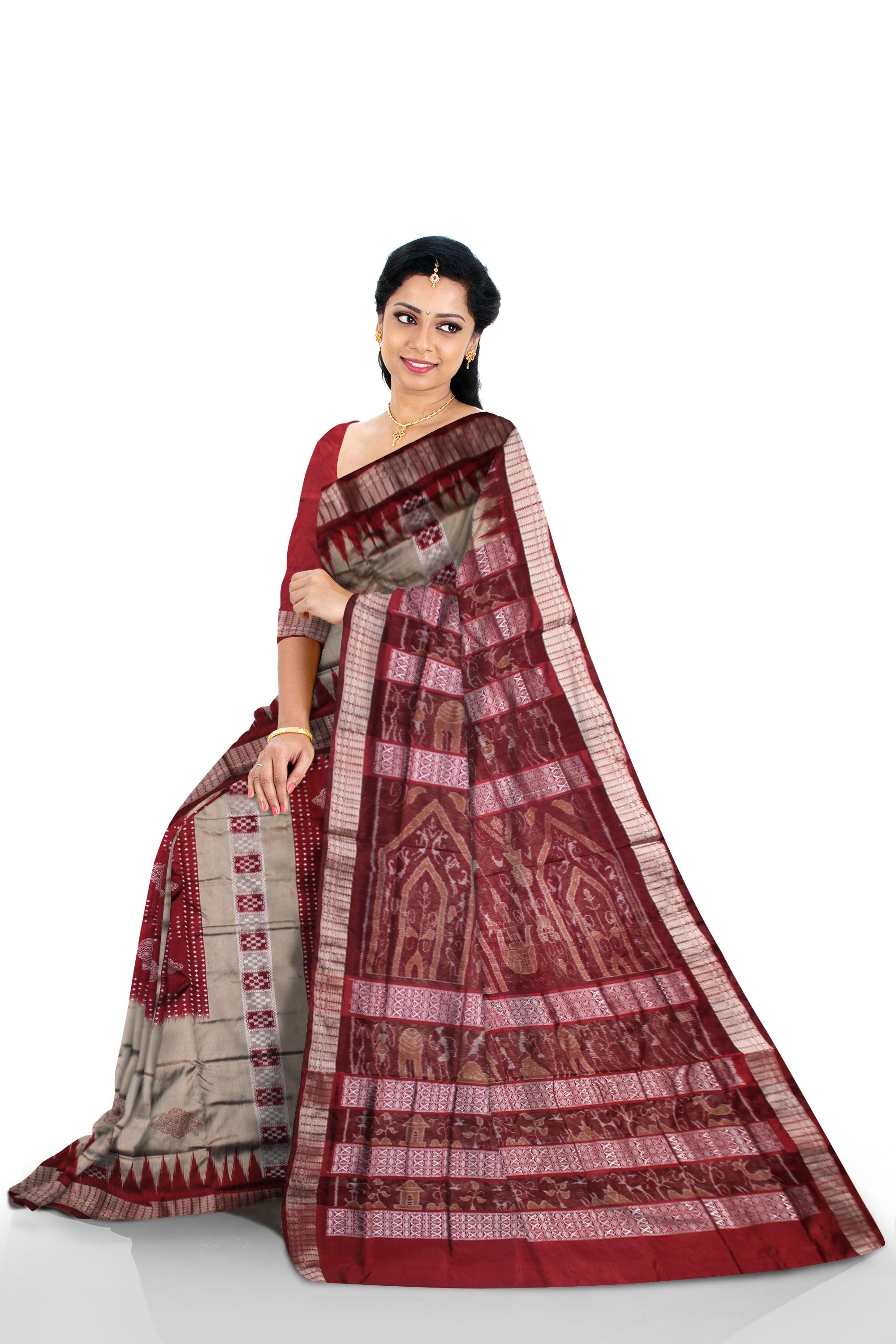 A CHANDUA DESIGN PATA SAREE IN PEACH AND RED COLOR BASE, ATTACHED WITH BLOUSE PIECE. - Koshali Arts & Crafts Enterprise