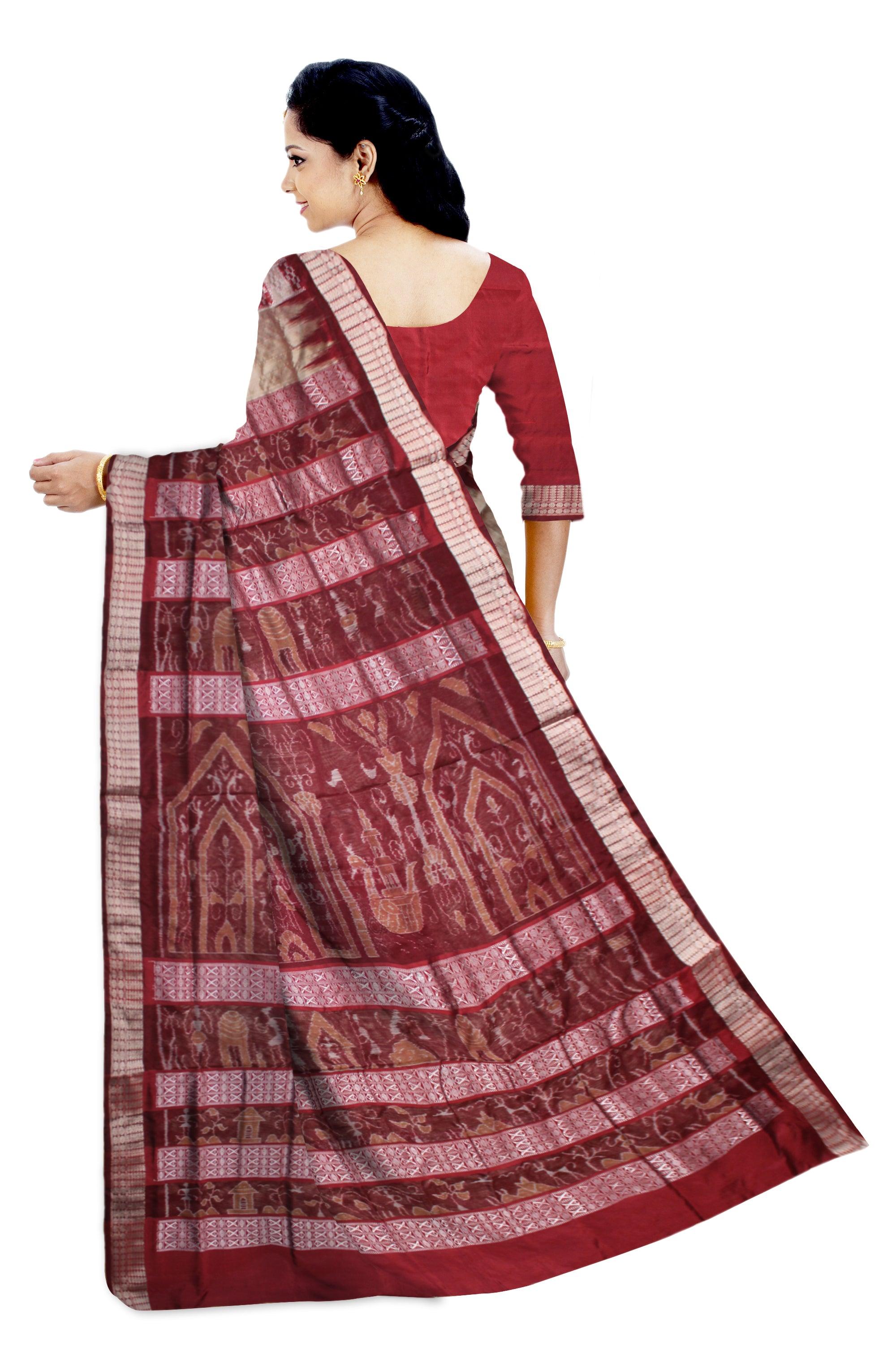 A CHANDUA DESIGN PATA SAREE IN PEACH AND RED COLOR BASE, ATTACHED WITH BLOUSE PIECE. - Koshali Arts & Crafts Enterprise