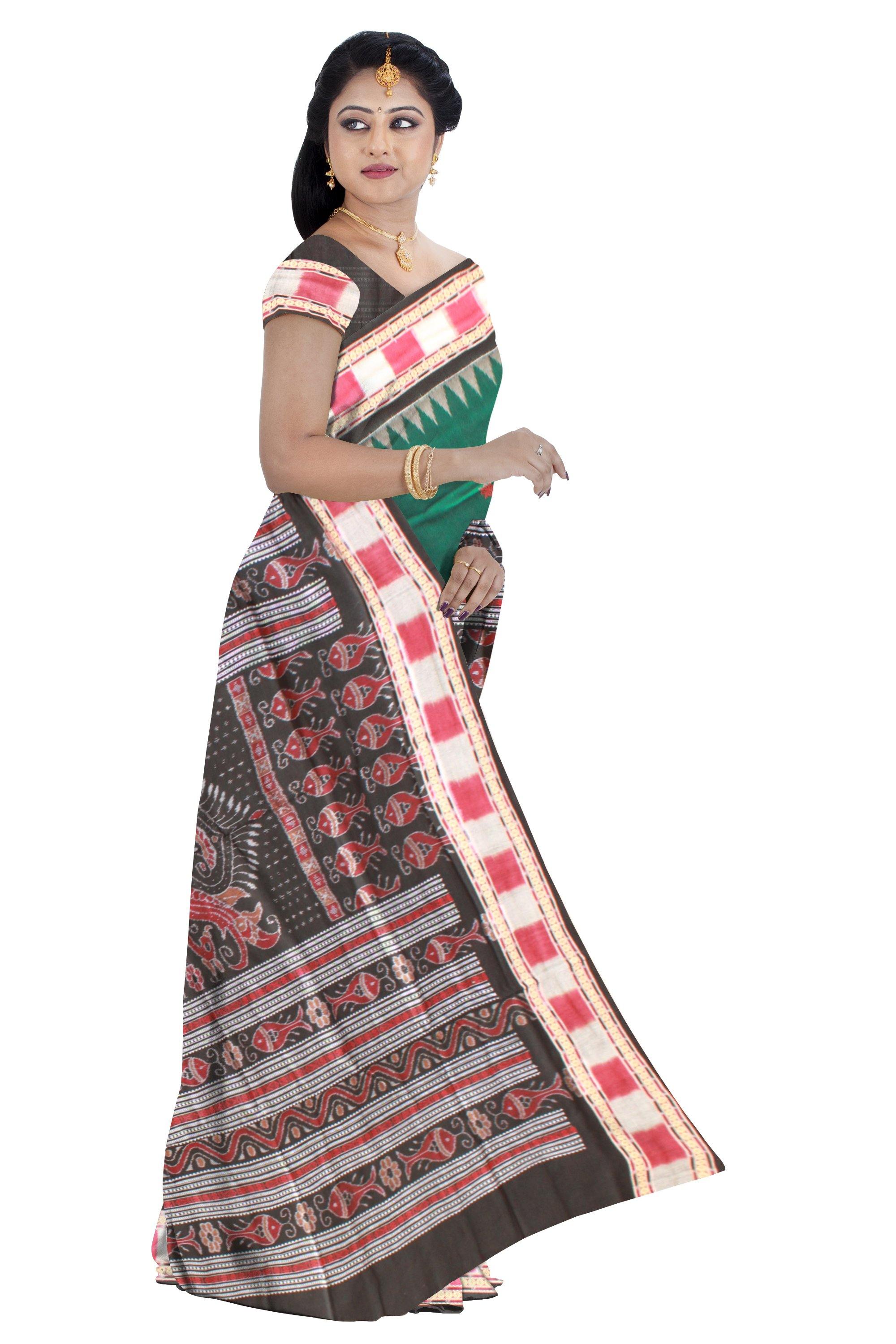 Green color Buti pattern Sambalpuri cotton saree with blouse piece. - Koshali Arts & Crafts Enterprise