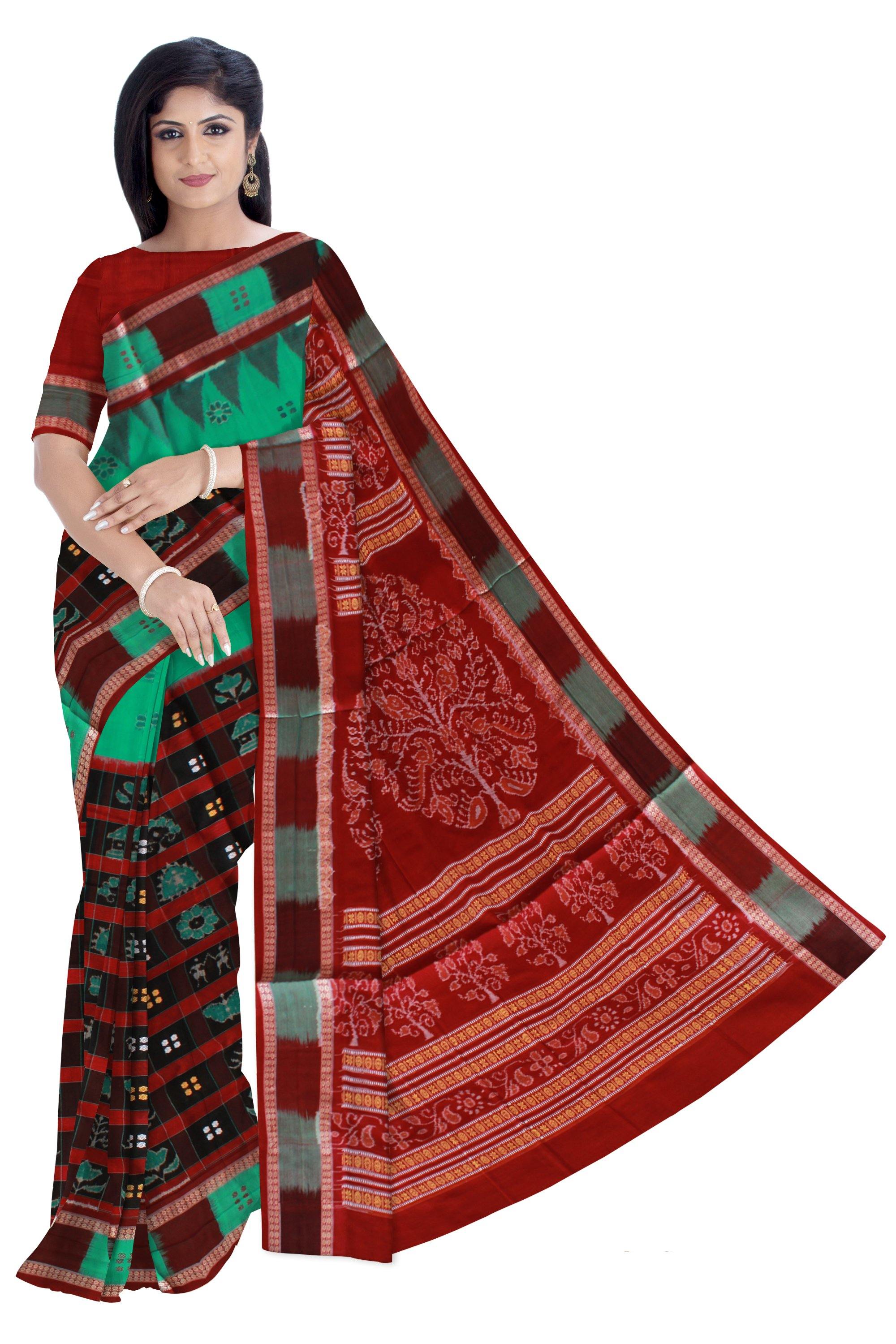 Green and brown mix Box pattren Sambalpuri saree with blouse piece. - Koshali Arts & Crafts Enterprise