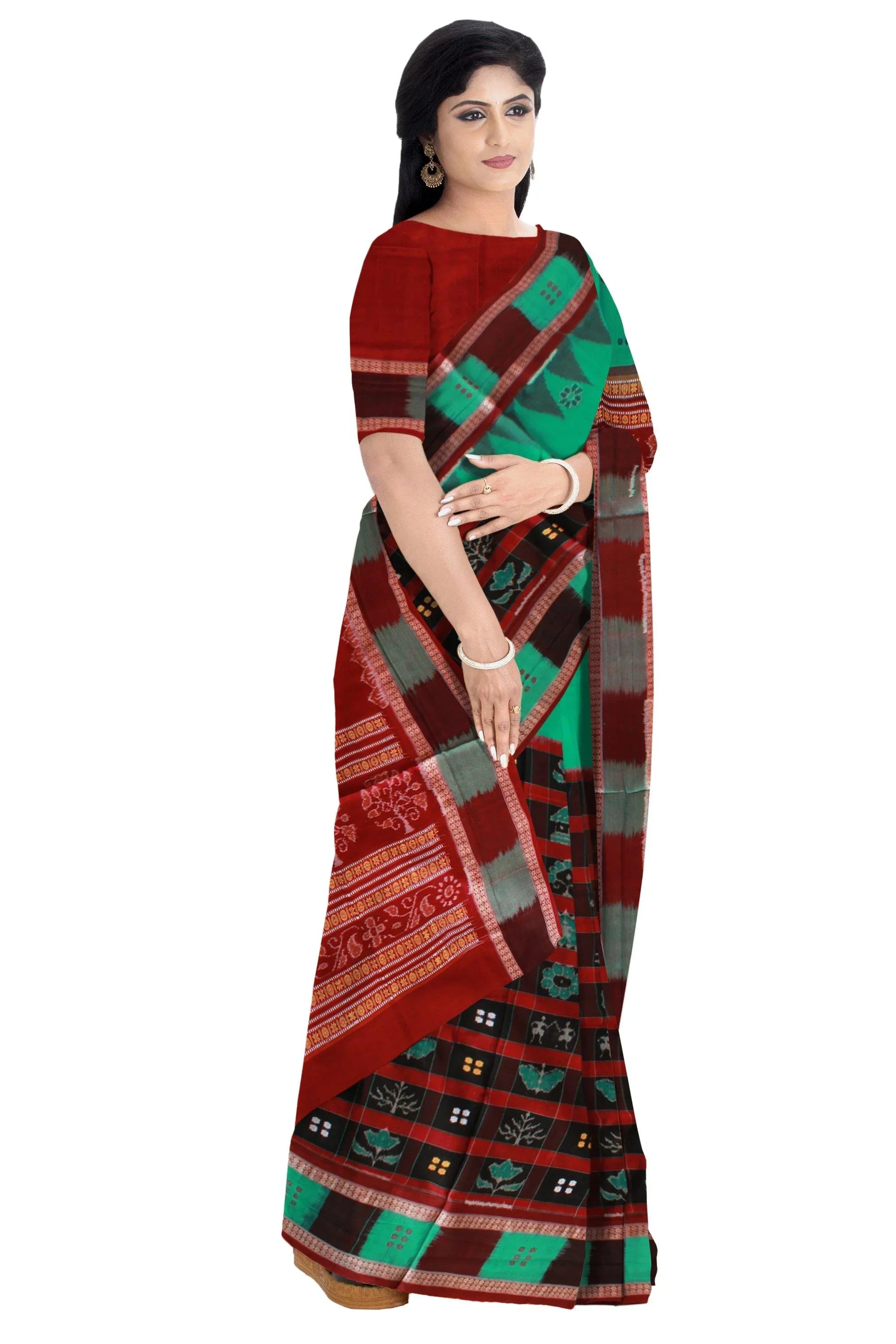 Green and brown mix Box pattren Sambalpuri saree with blouse piece. - Koshali Arts & Crafts Enterprise