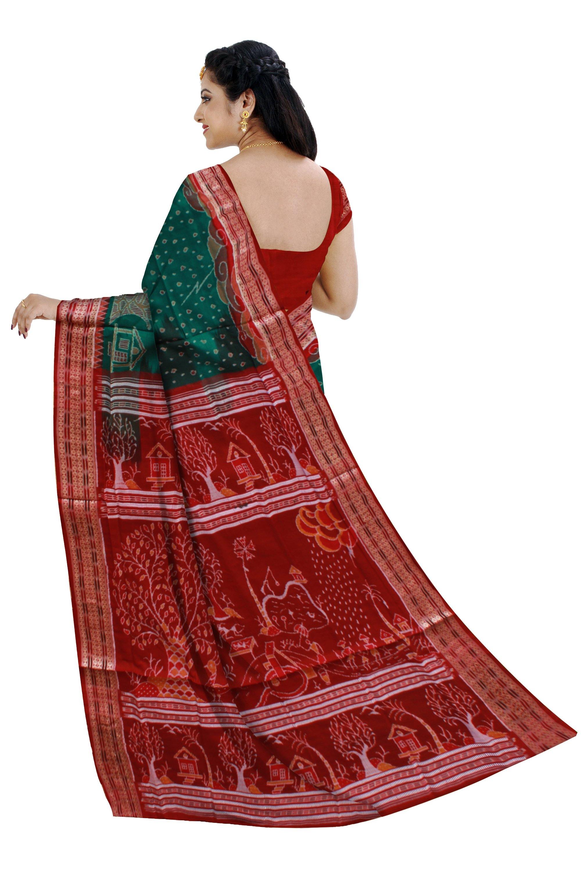 Beautiful Rainy Day scenery print sambalpuri saree in green color. With blouse piece - Koshali Arts & Crafts Enterprise