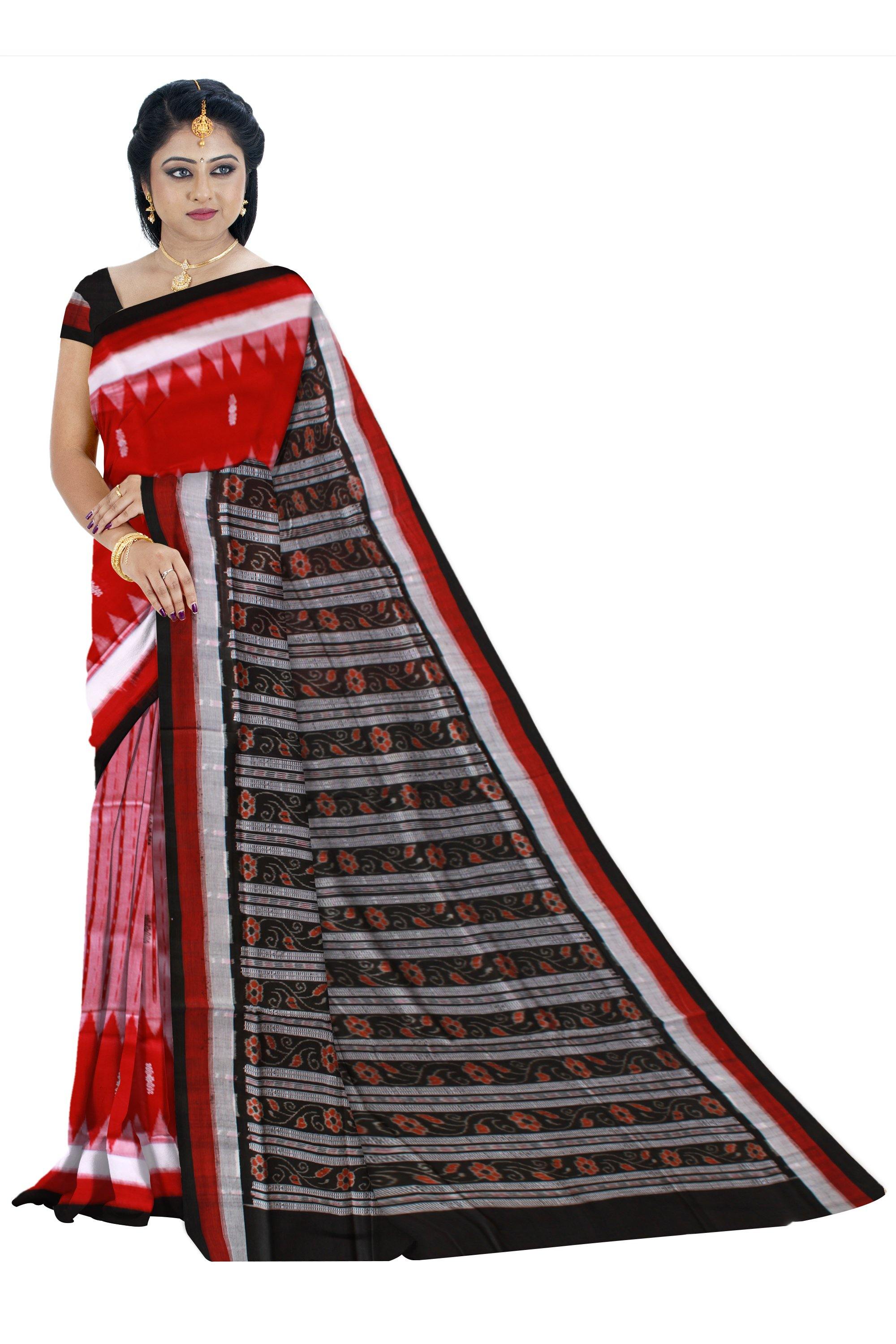 Red color lining pattern Sambalpuri Cotton saree with blouse piece. - Koshali Arts & Crafts Enterprise