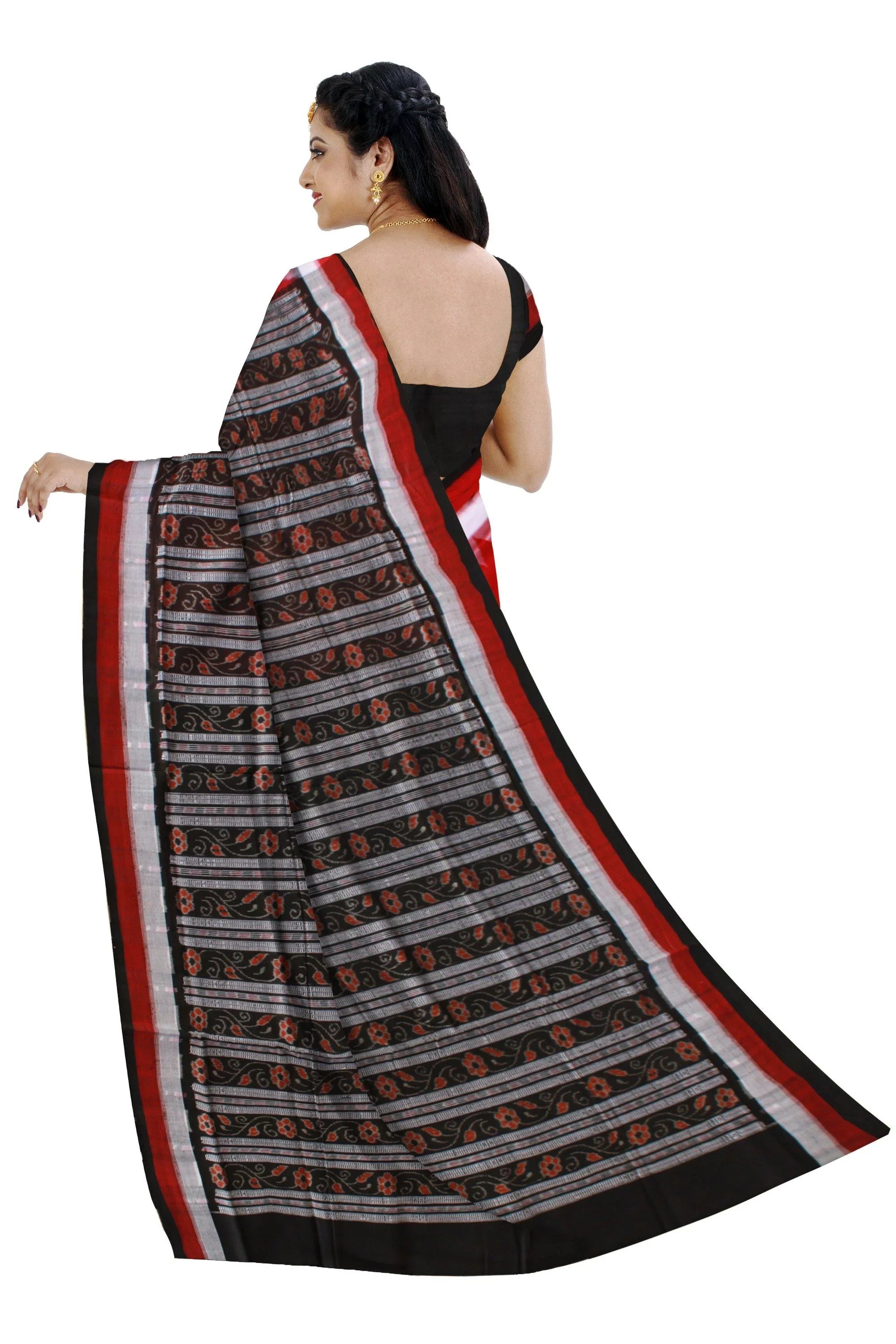 Red color lining pattern Sambalpuri Cotton saree with blouse piece. - Koshali Arts & Crafts Enterprise