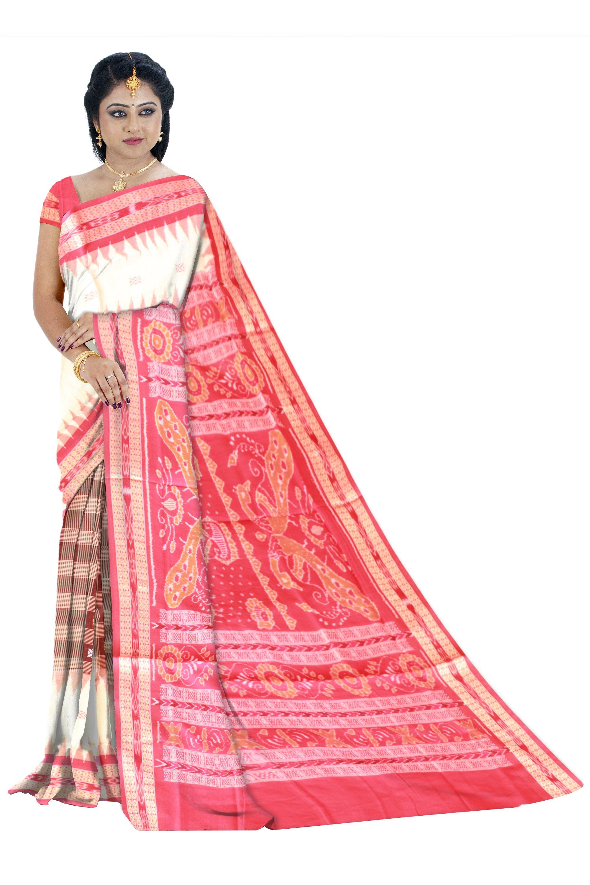 Box pattern brown and gray color Bomkei Sambalpuri cotton saree with blouse piece. - Koshali Arts & Crafts Enterprise