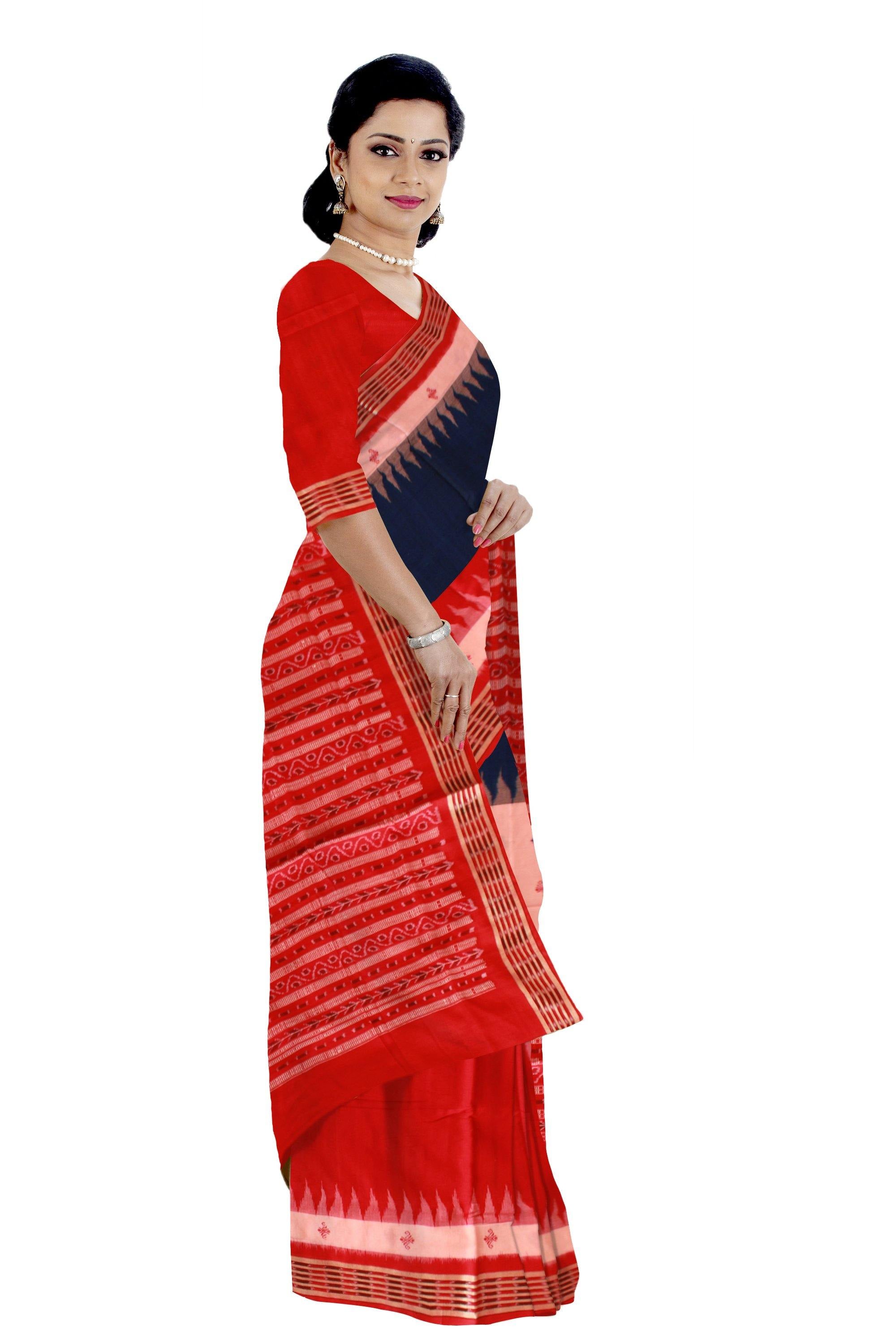 3D design Samablpuri cotton saree in red, pink and blue color. Available with blouse piece. - Koshali Arts & Crafts Enterprise