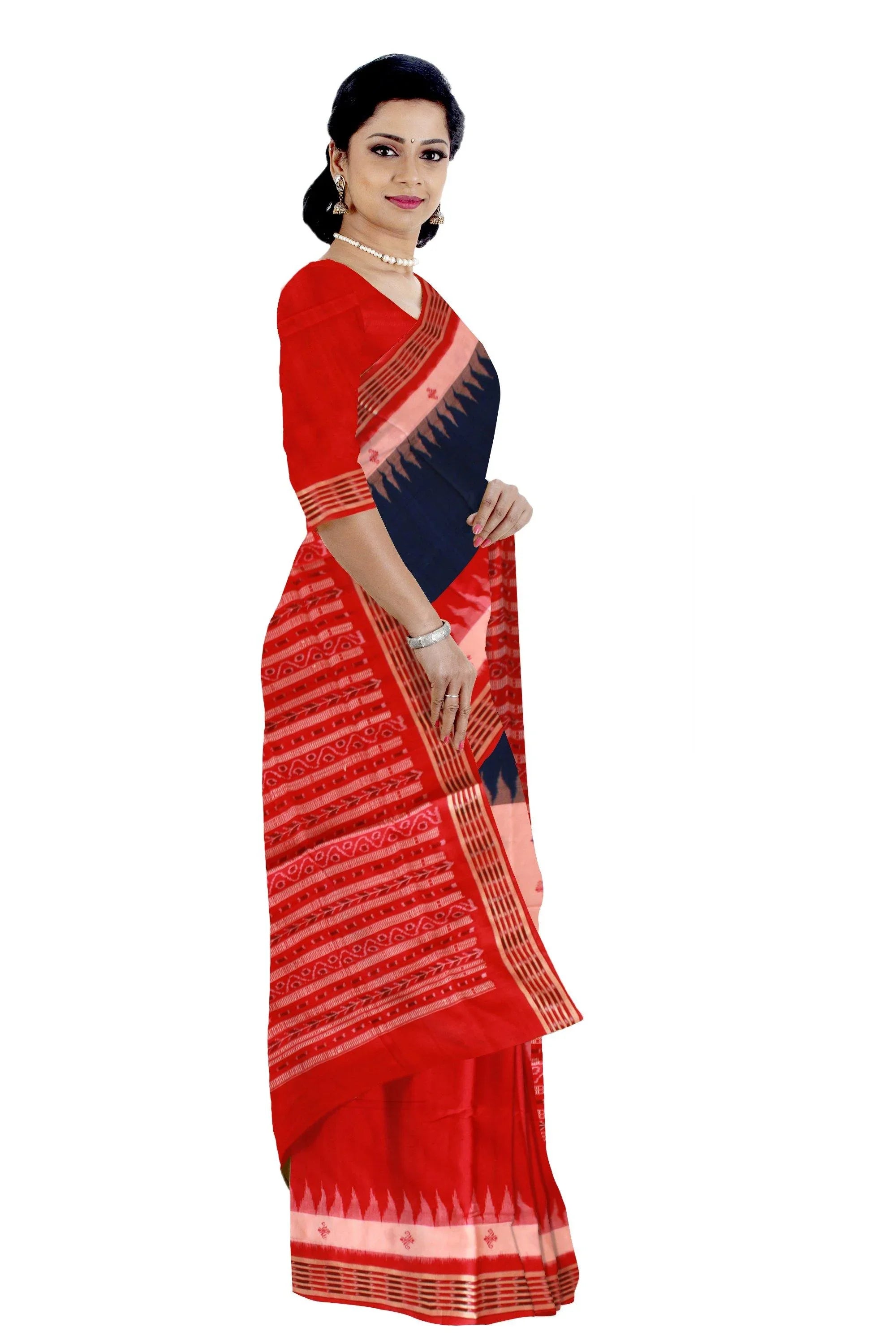 3D design Samablpuri cotton saree in red, pink and blue color. Available with blouse piece. - Koshali Arts & Crafts Enterprise