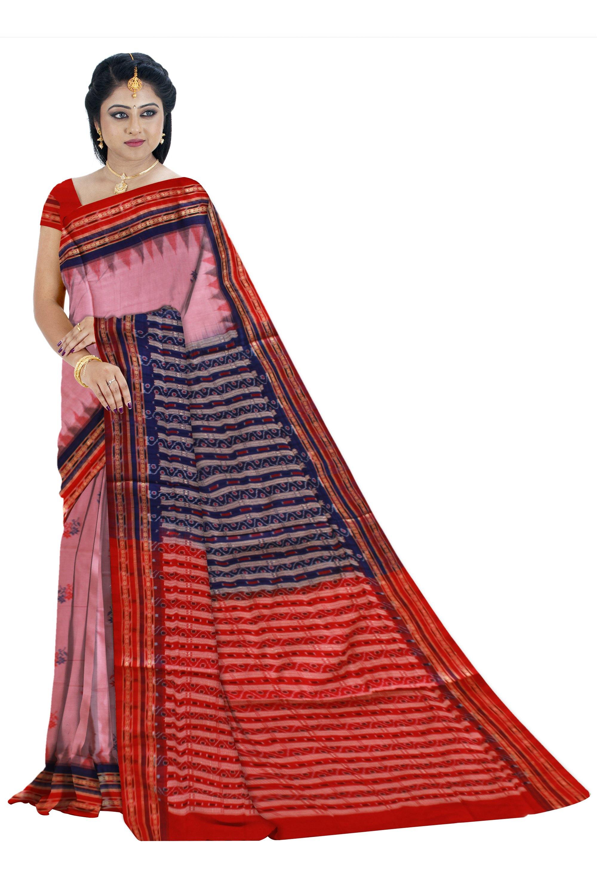 Baby Pink color flora print Sambalpuri cotton saree with blouse piece. - Koshali Arts & Crafts Enterprise