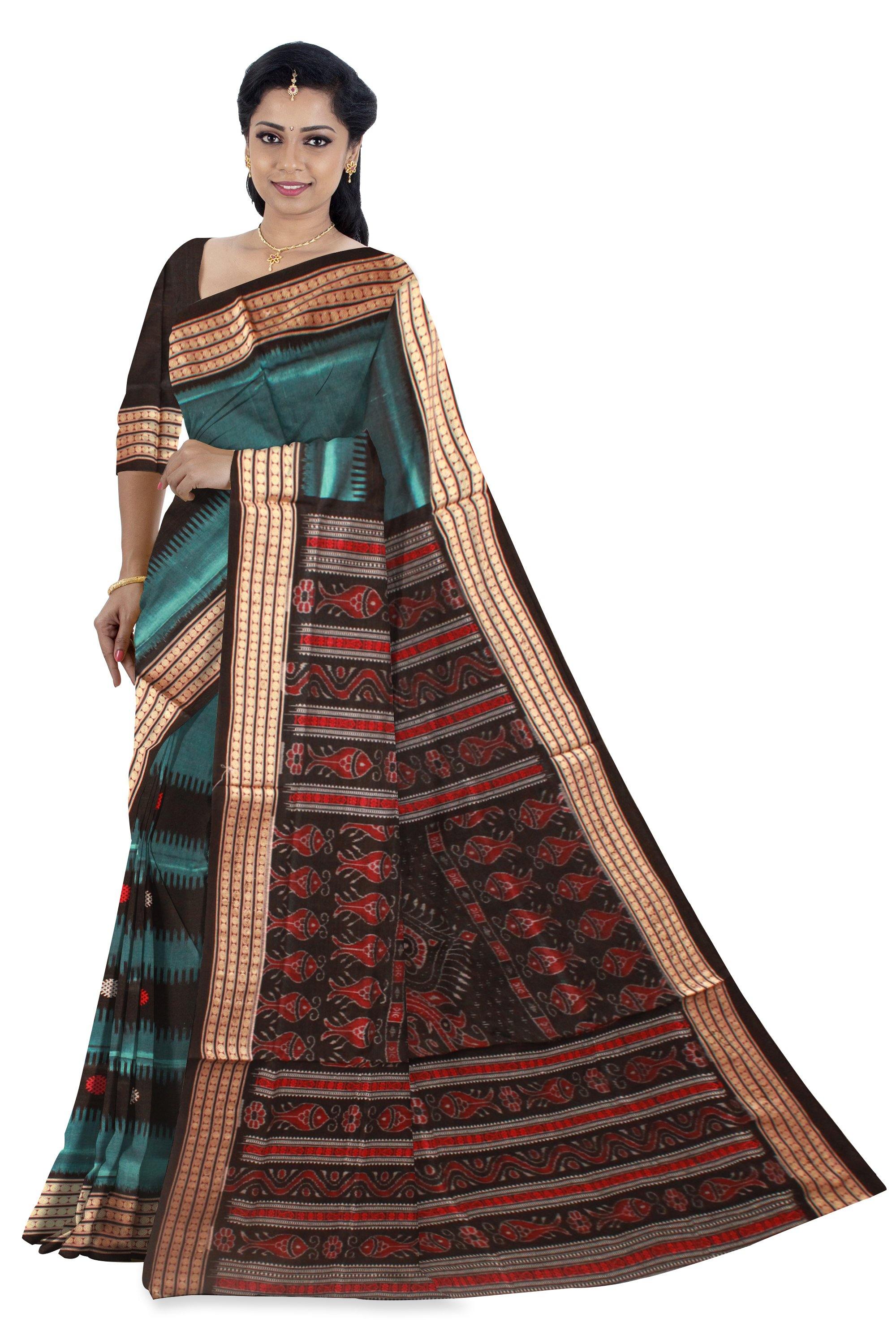 Latest Design Aqua color Pata Bapta saree With blouse piece. - Koshali Arts & Crafts Enterprise