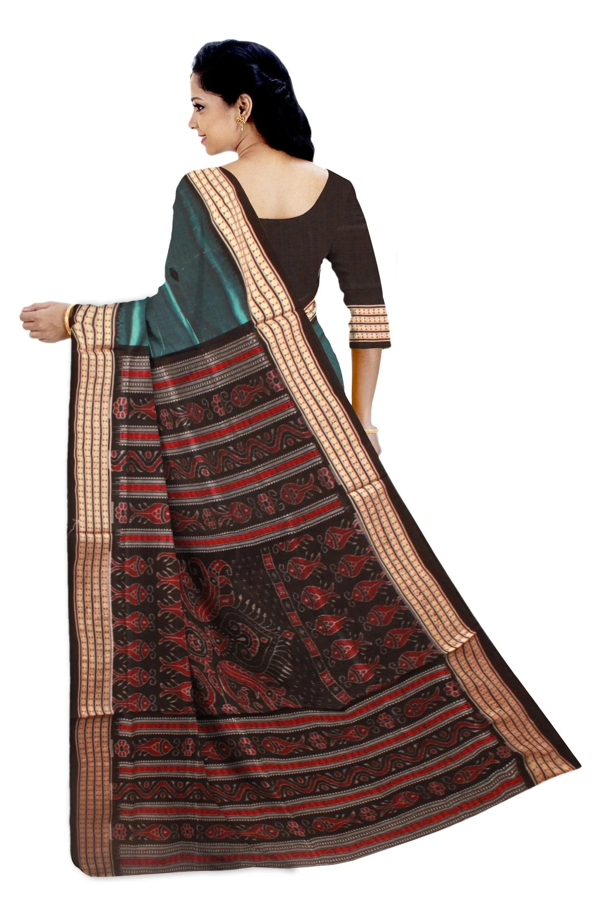 Latest Design Aqua color Pata Bapta saree With blouse piece. - Koshali Arts & Crafts Enterprise