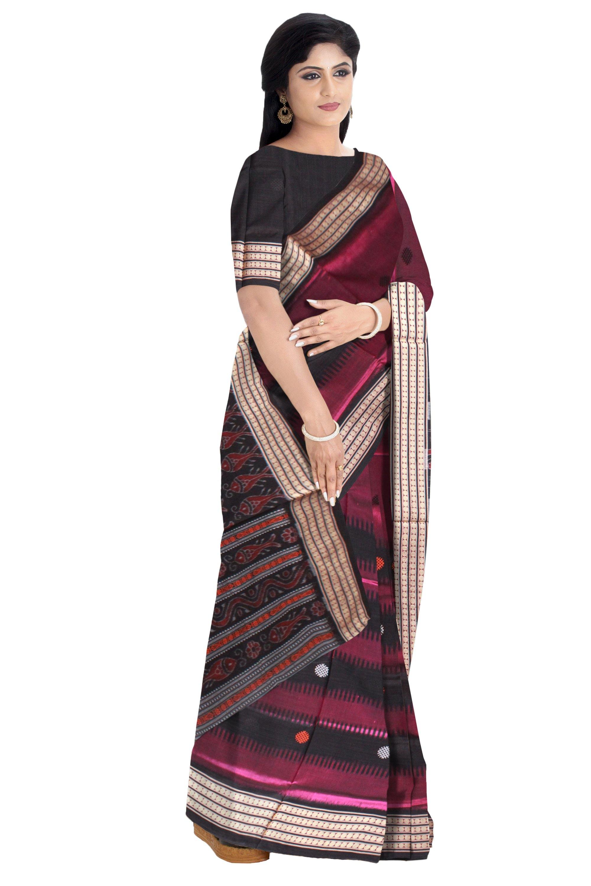 Maroon color Bomkei Pata Bapta saree with blouse piece. - Koshali Arts & Crafts Enterprise