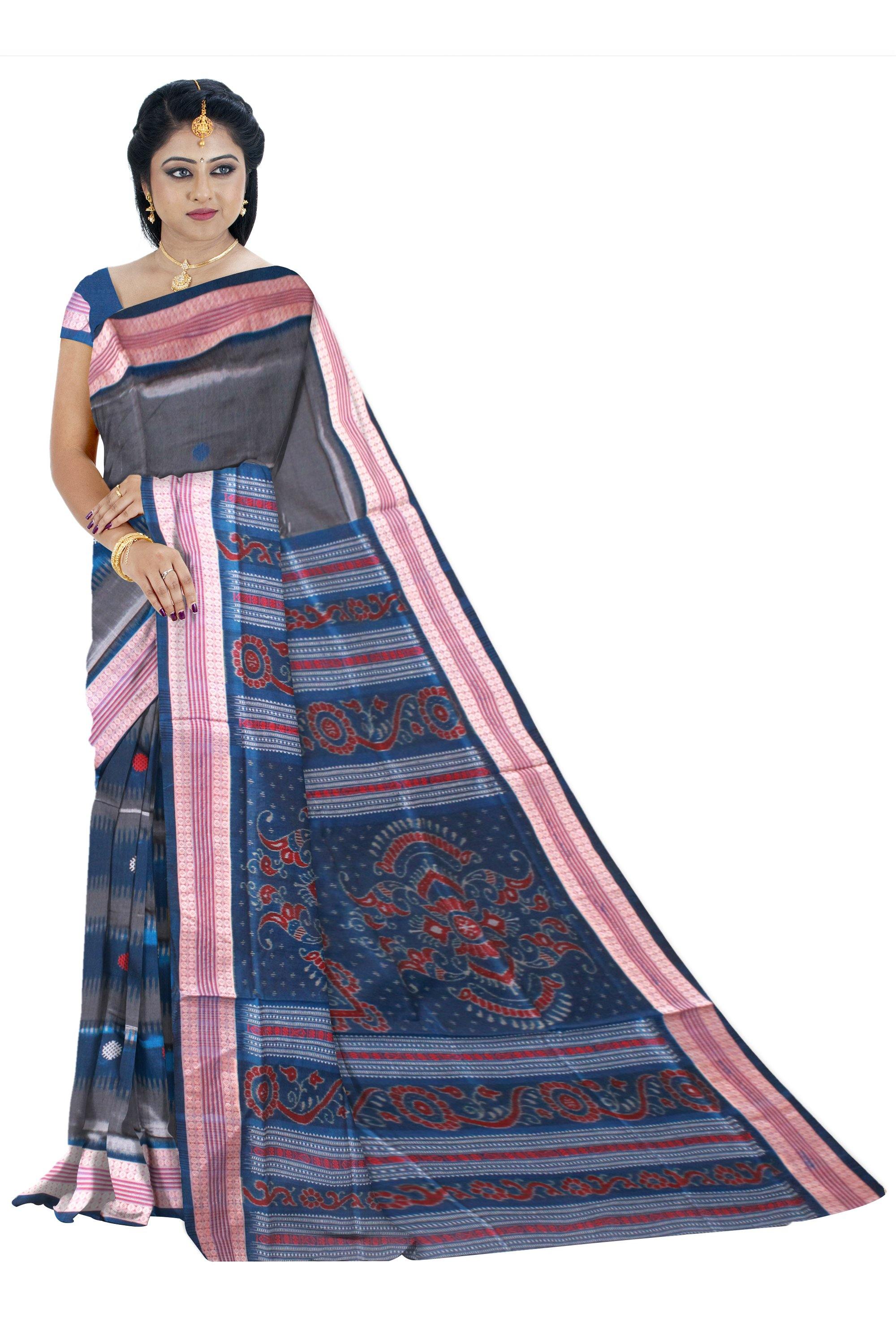 Silver color Flower Bomkei Pata Bapta saree with Blue lining. With blouse piece. - Koshali Arts & Crafts Enterprise