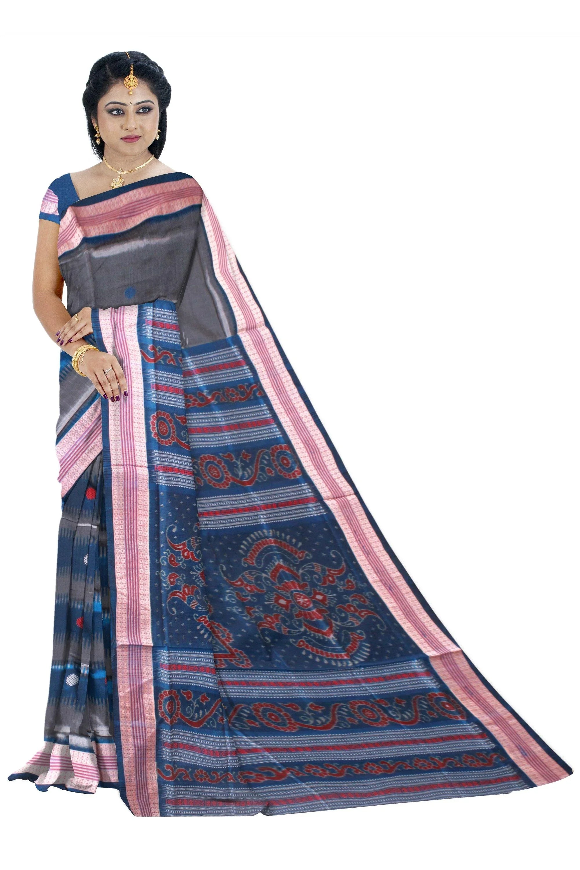 Silver and sky color Bapta pata saree with Blue lining. comes with blouse piece. - Koshali Arts & Crafts Enterprise