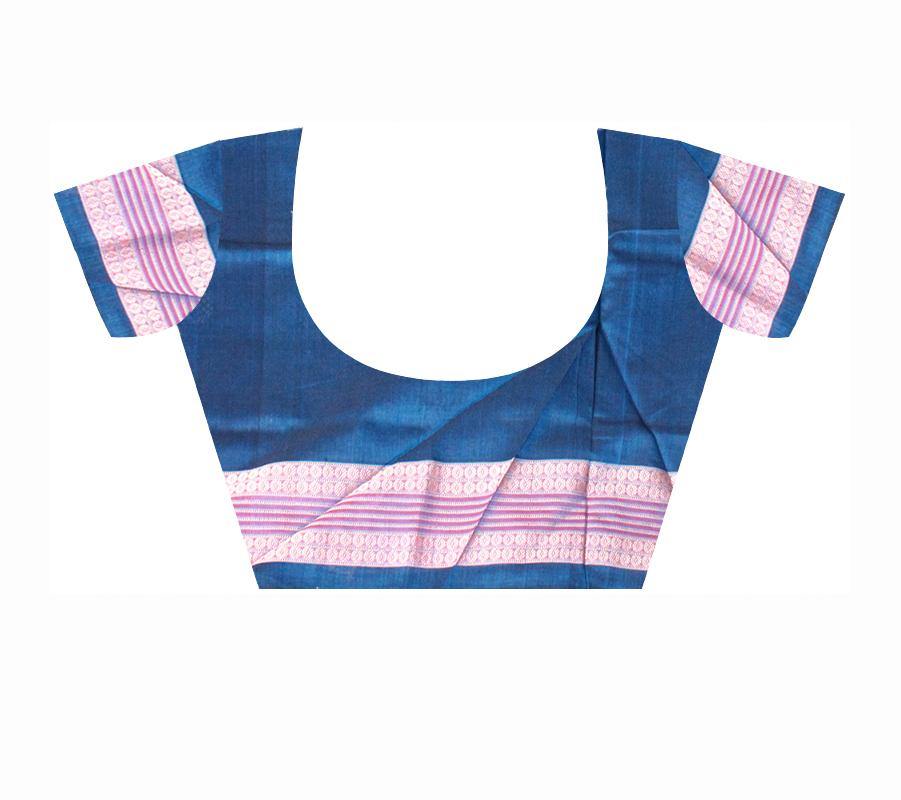 Silver color Flower Bomkei Pata Bapta saree with Blue lining. With blouse piece. - Koshali Arts & Crafts Enterprise