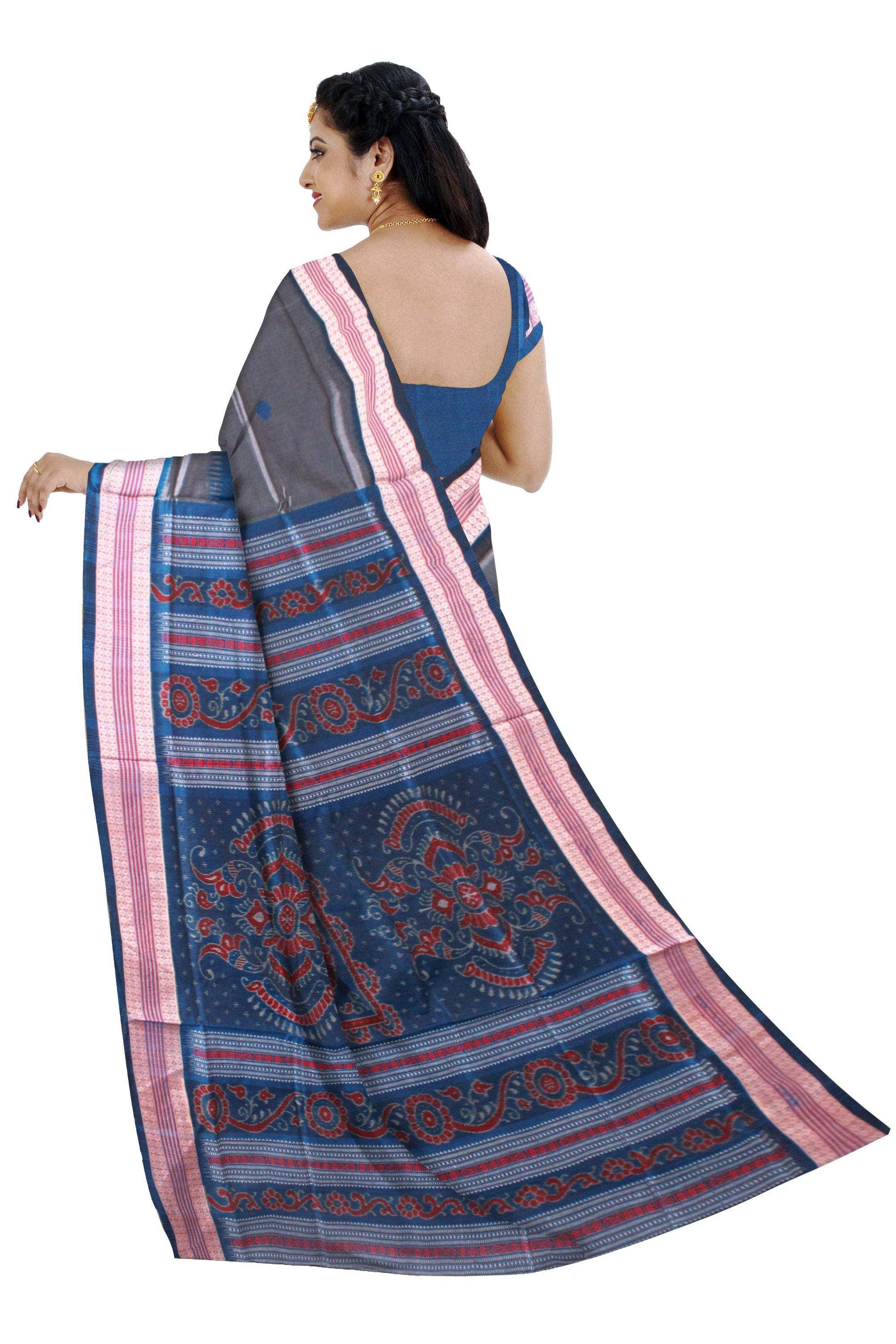 Silver color Flower Bomkei Pata Bapta saree with Blue lining. With blouse piece. - Koshali Arts & Crafts Enterprise