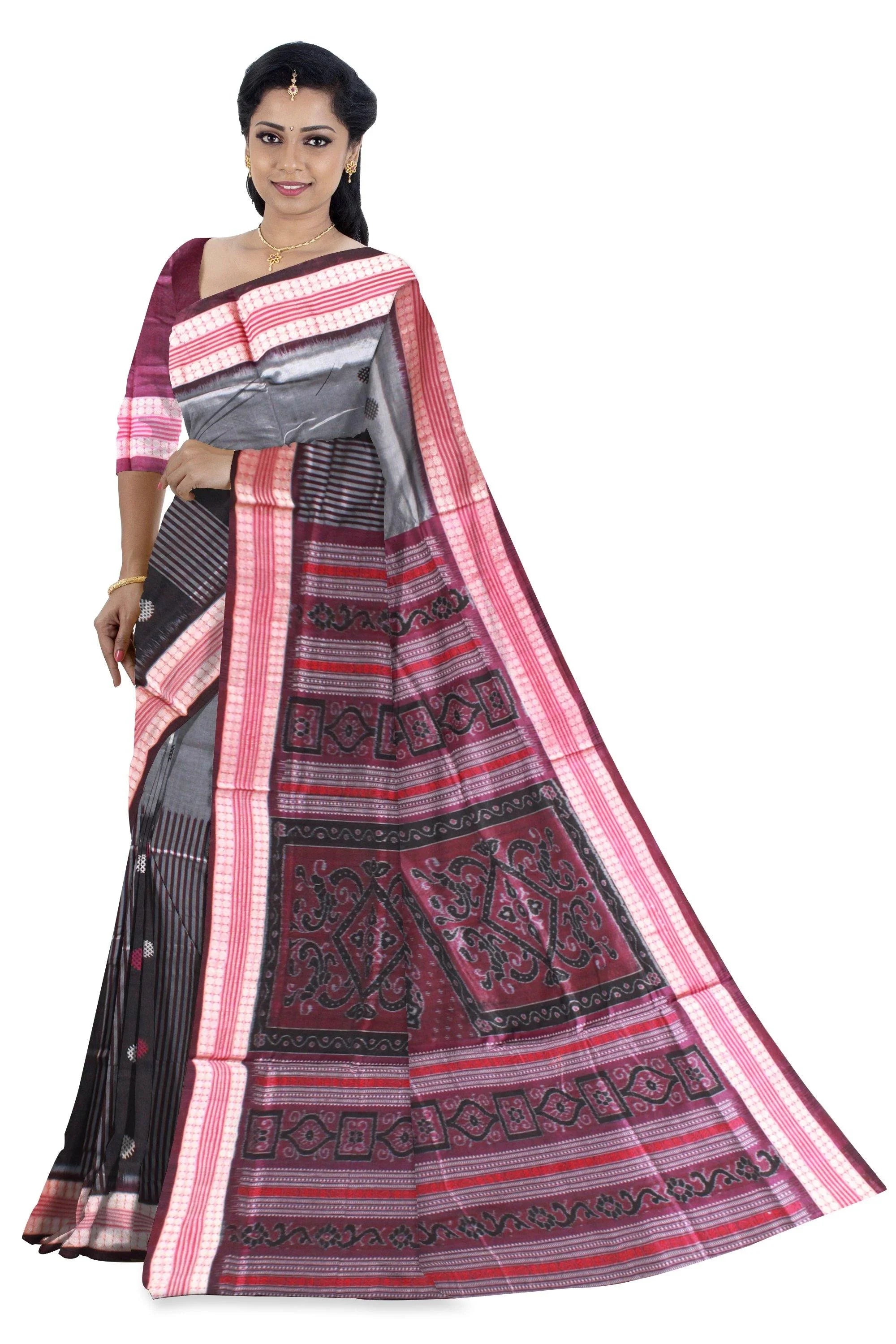 Silver color Flower Bomkei Bapta Pata saree with black lining. With blouse piece. - Koshali Arts & Crafts Enterprise
