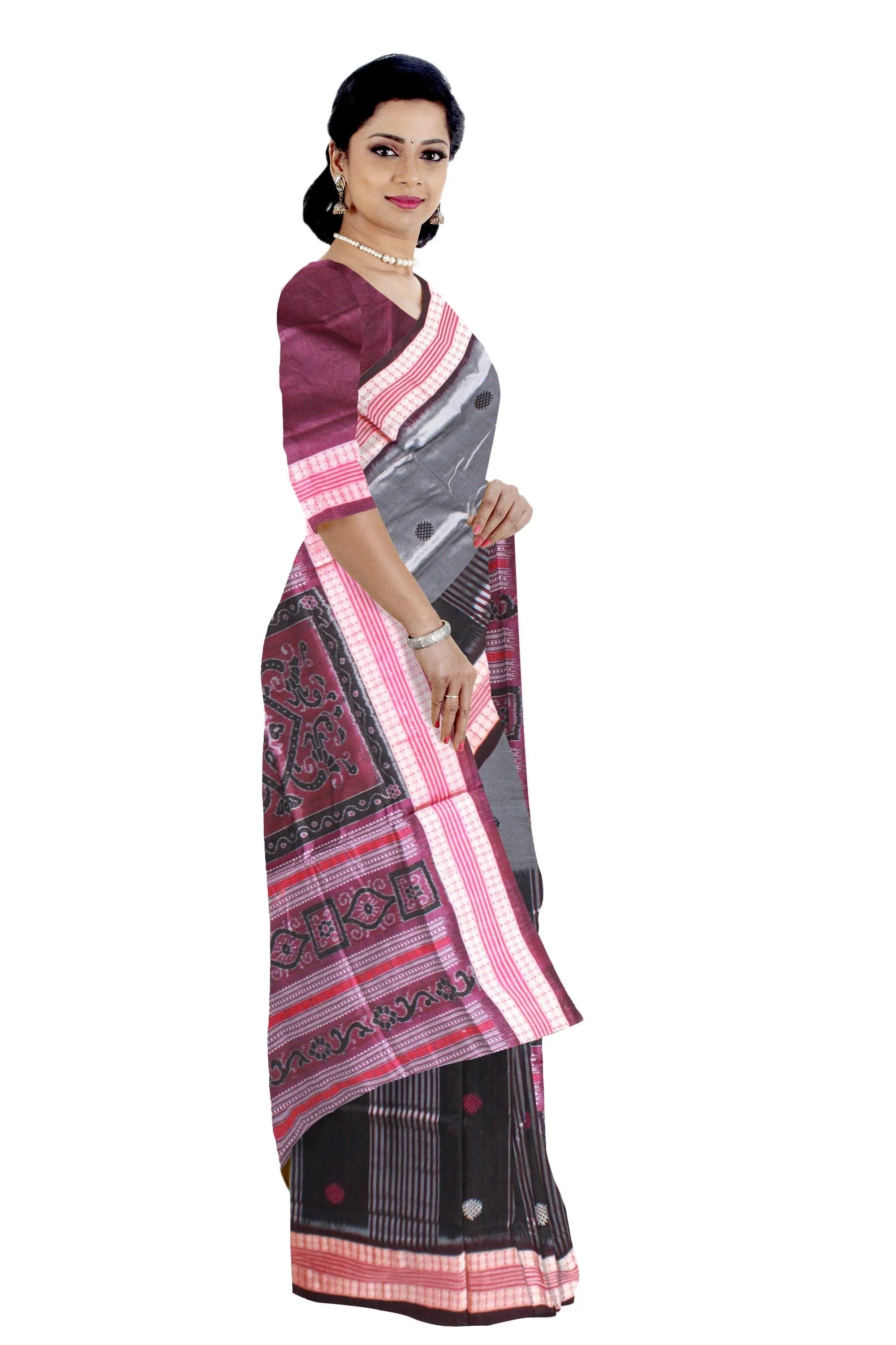 Silver color Flower Bomkei Bapta Pata saree with black lining. With blouse piece. - Koshali Arts & Crafts Enterprise