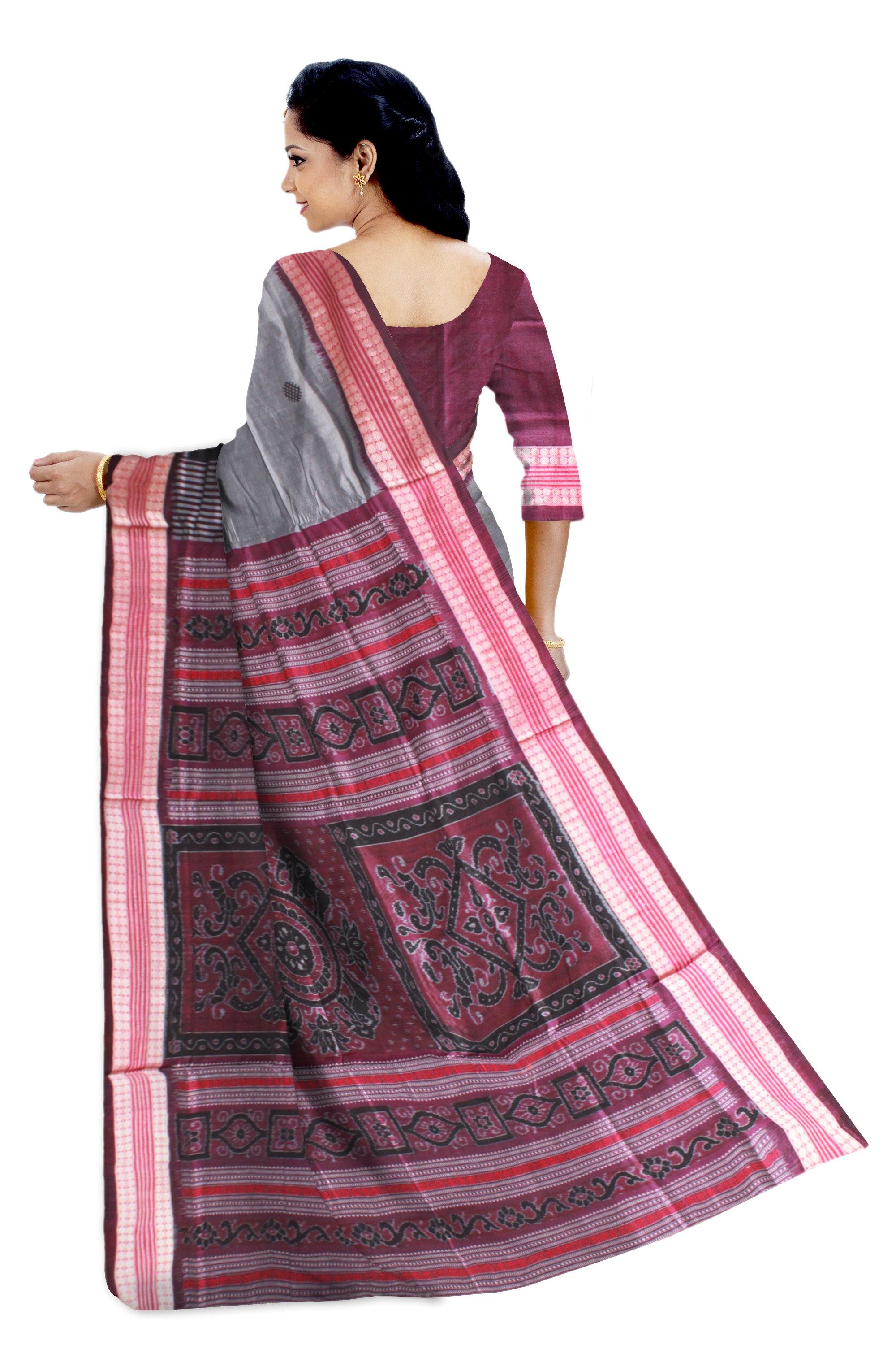 Silver color Flower Bomkei Pata Bapta saree with black lining. With blouse piece. - Koshali Arts & Crafts Enterprise