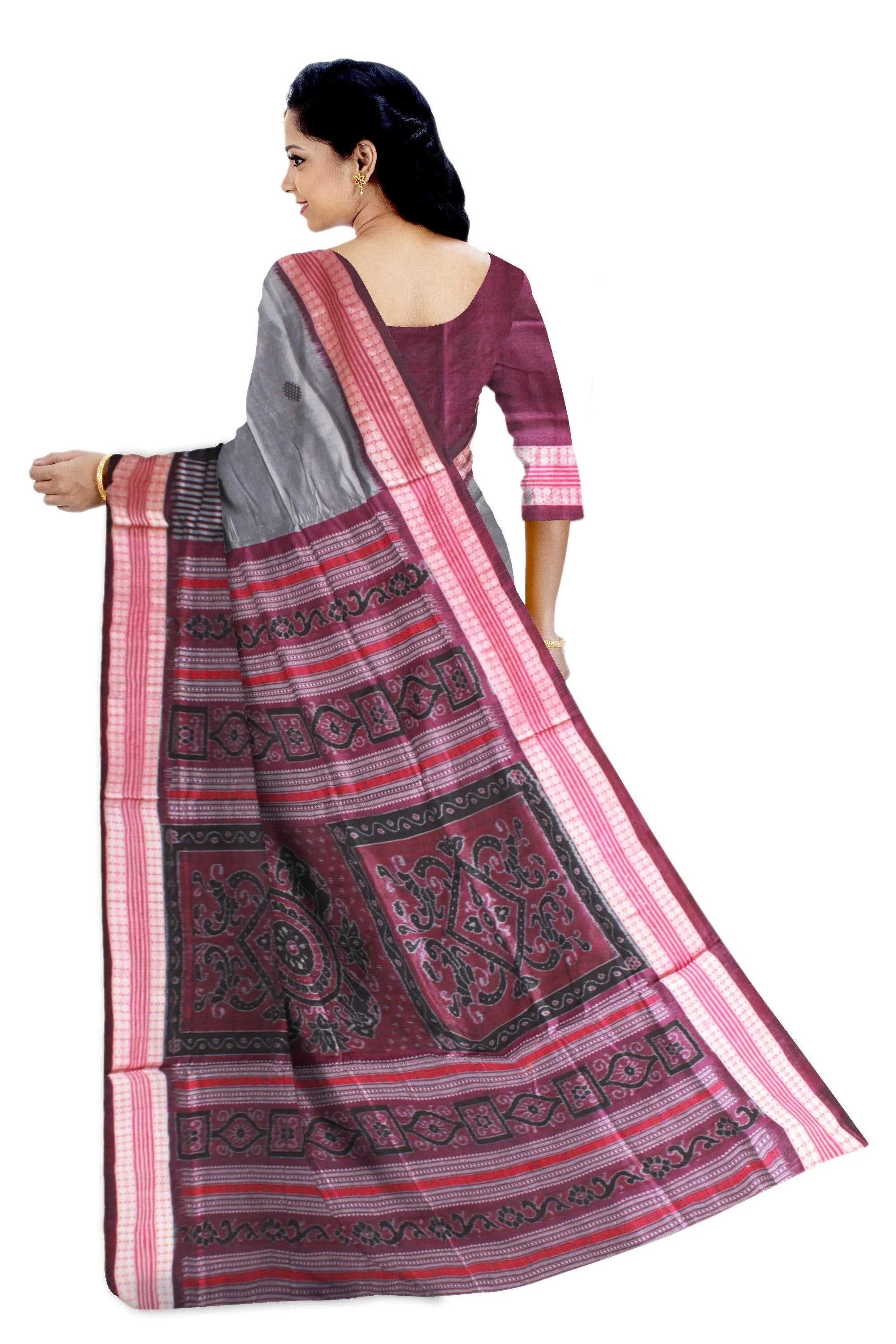 Silver color Flower Bomkei Bapta Pata saree with black lining. With blouse piece. - Koshali Arts & Crafts Enterprise