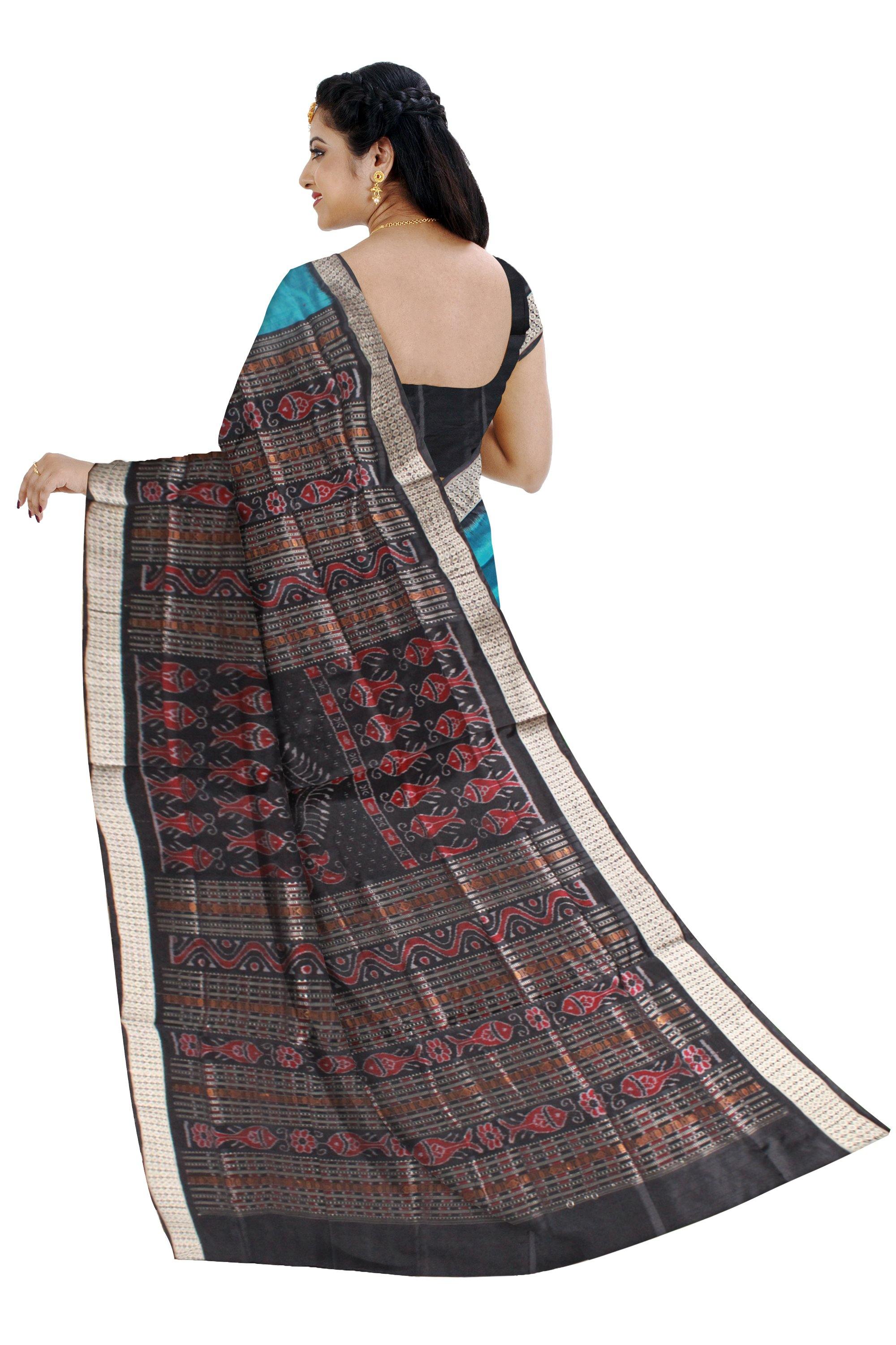 Latest design Blue collar Pata saree with Black lining with blouse piece. - Koshali Arts & Crafts Enterprise