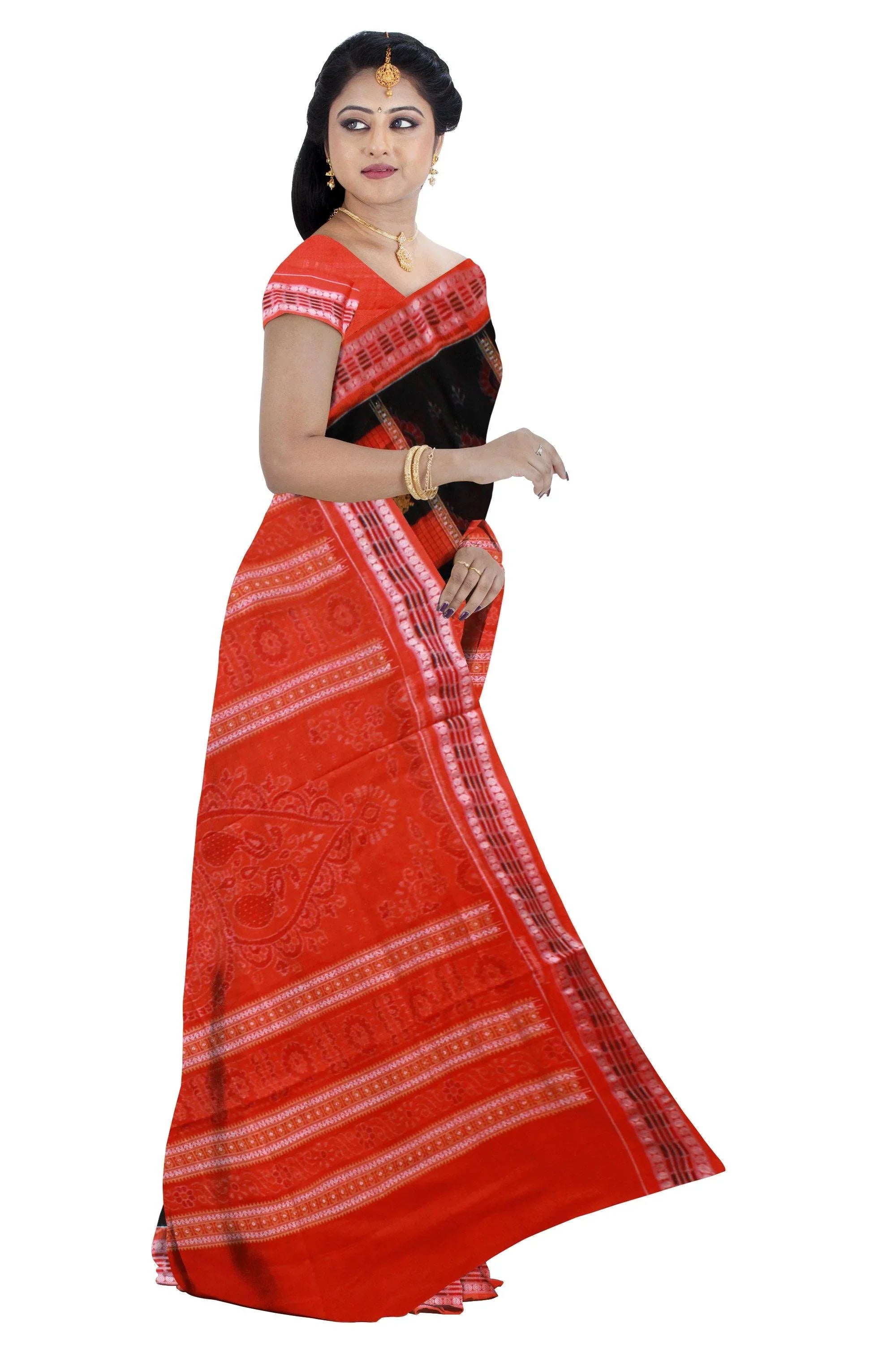 Brown color box pattern Cotton saree with blouse piece - Koshali Arts & Crafts Enterprise