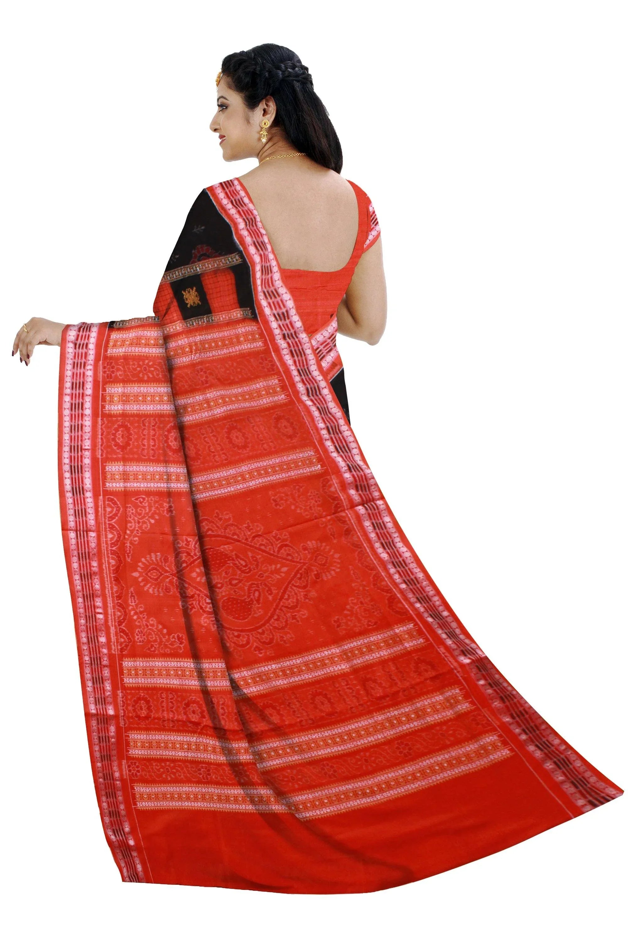 Brown color box pattern Cotton saree with blouse piece - Koshali Arts & Crafts Enterprise