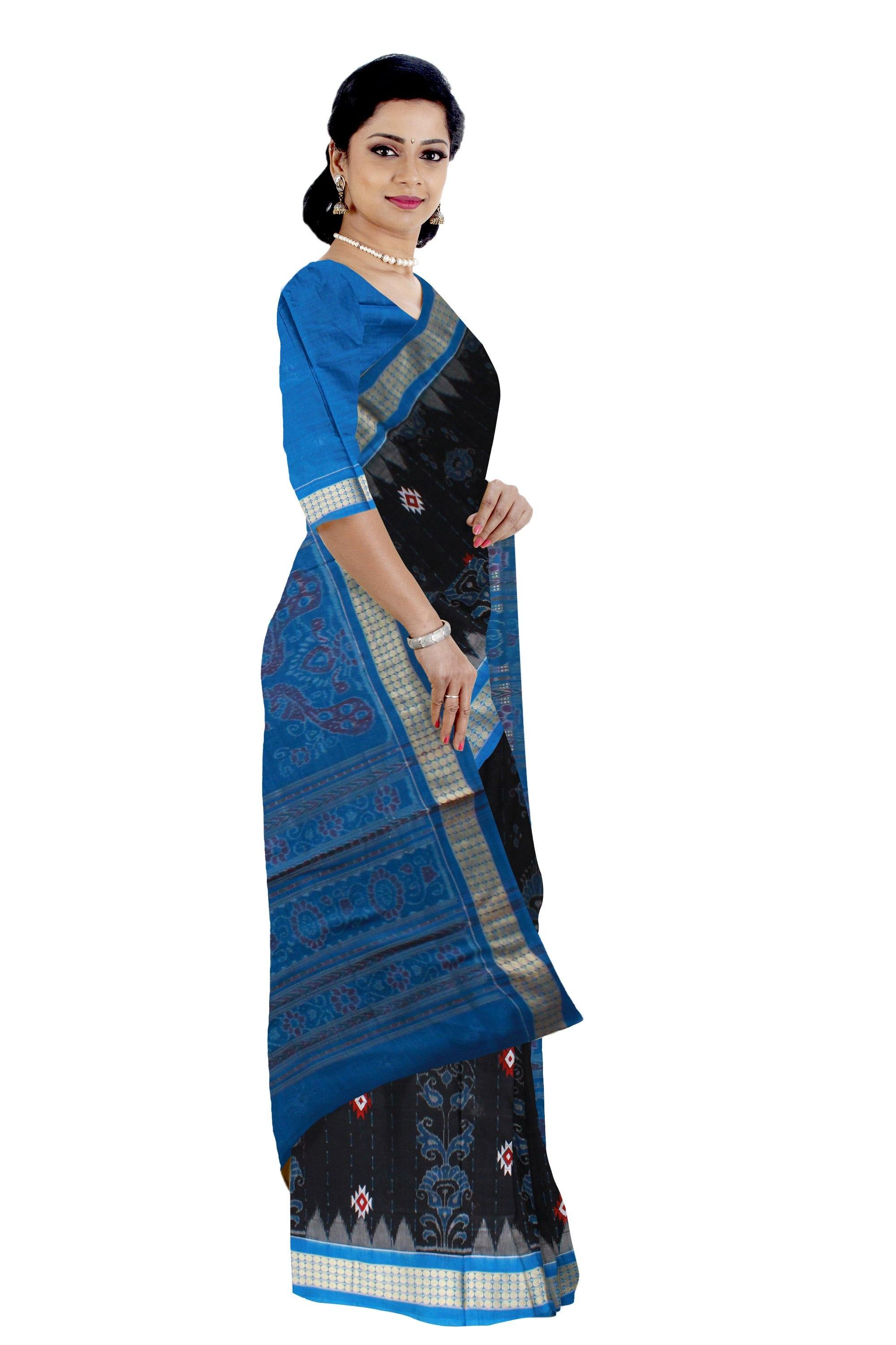 Black color flora print cotton saree with blouse piece. - Koshali Arts & Crafts Enterprise