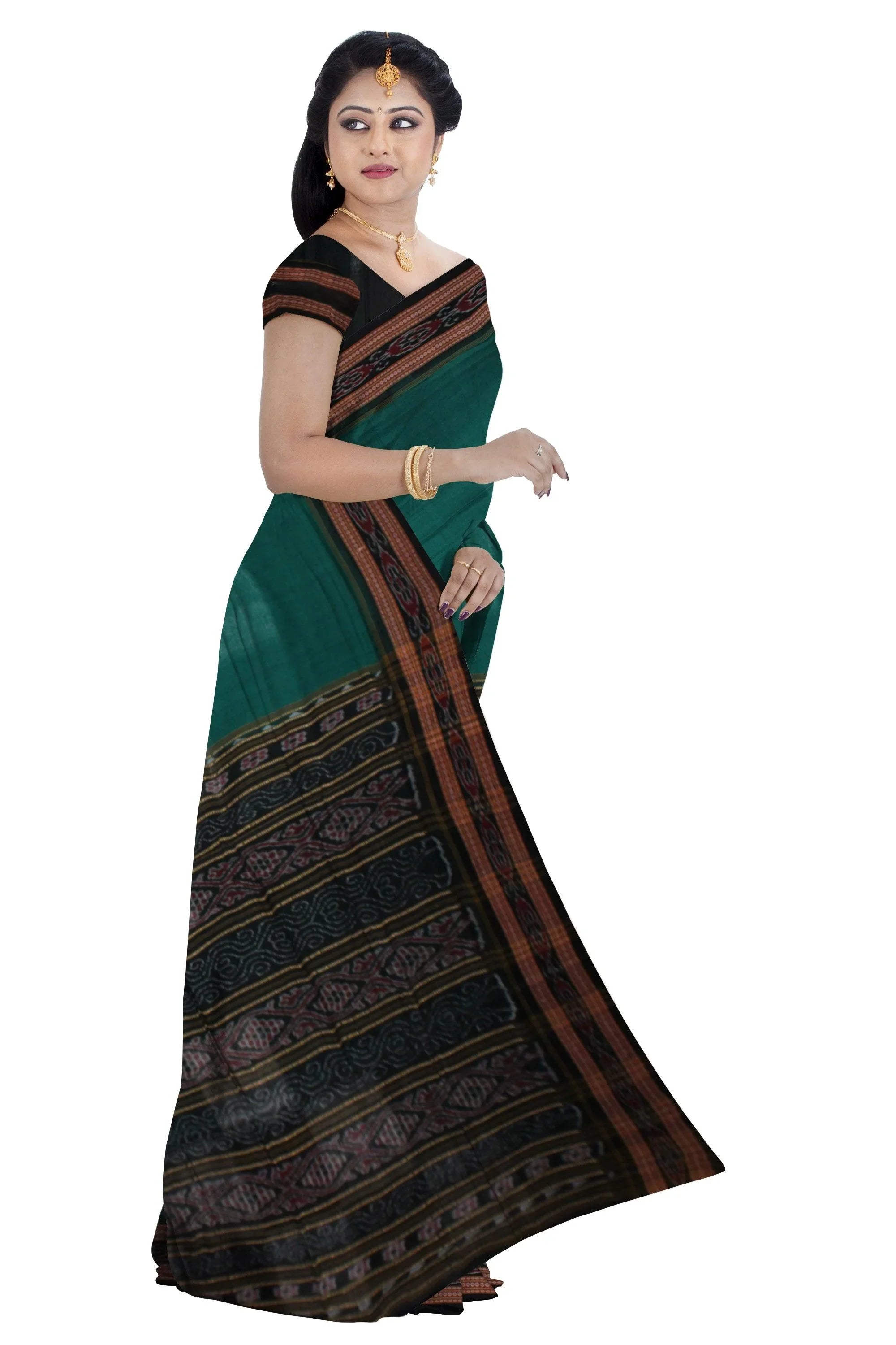 Sambalpuri Saree in Dark Green and Black Color Bada Pasapali design without blouse piece. - Koshali Arts & Crafts Enterprise