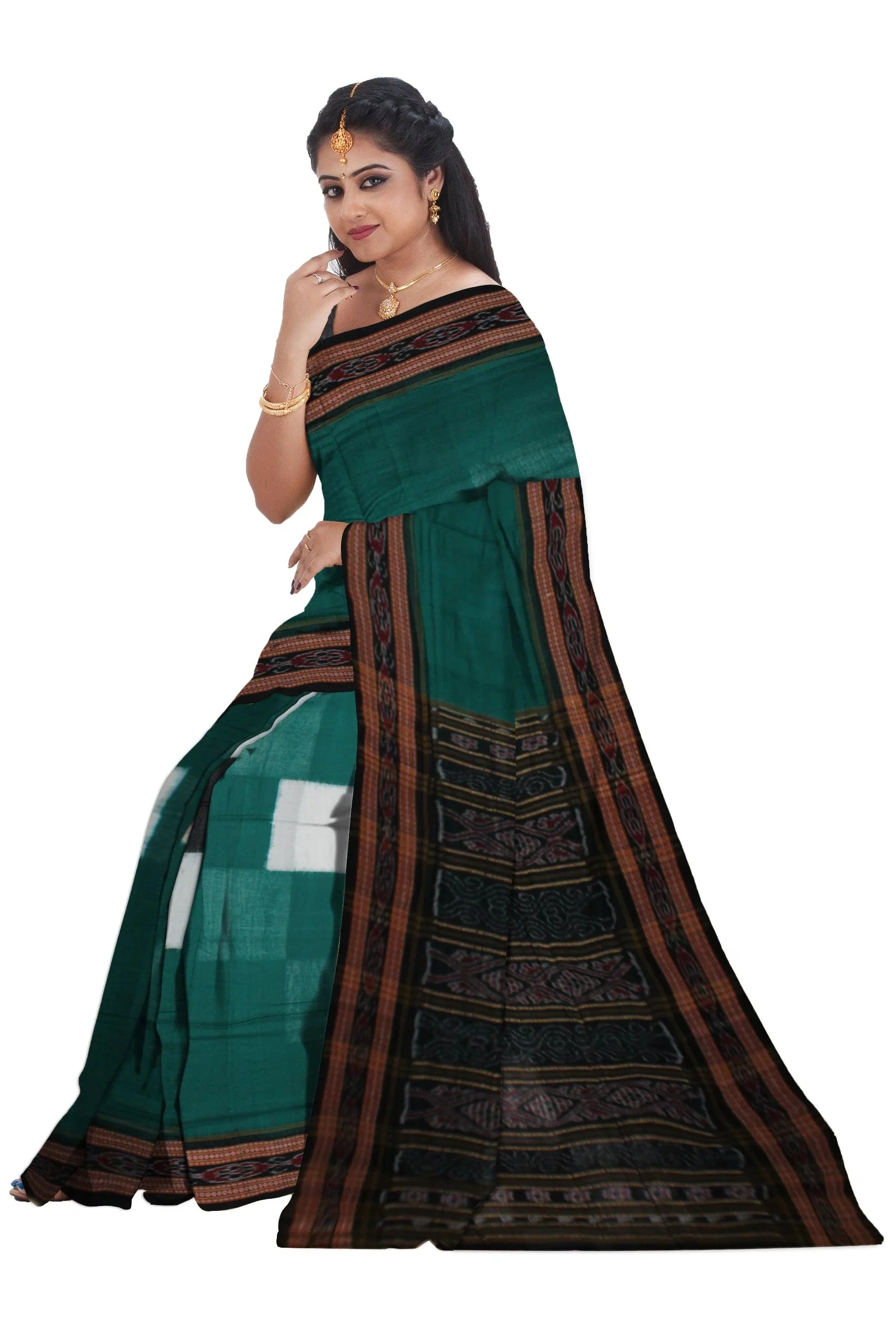 Sambalpuri Saree in Dark Green and Black Color Bada Pasapali design without blouse piece. - Koshali Arts & Crafts Enterprise
