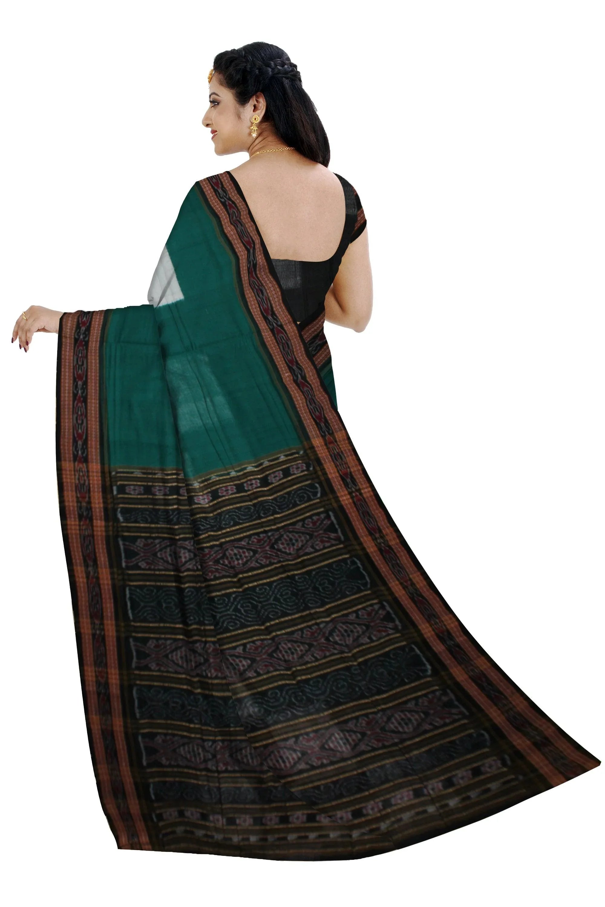 Sambalpuri Saree in Dark Green and Black Color Bada Pasapali design without blouse piece. - Koshali Arts & Crafts Enterprise