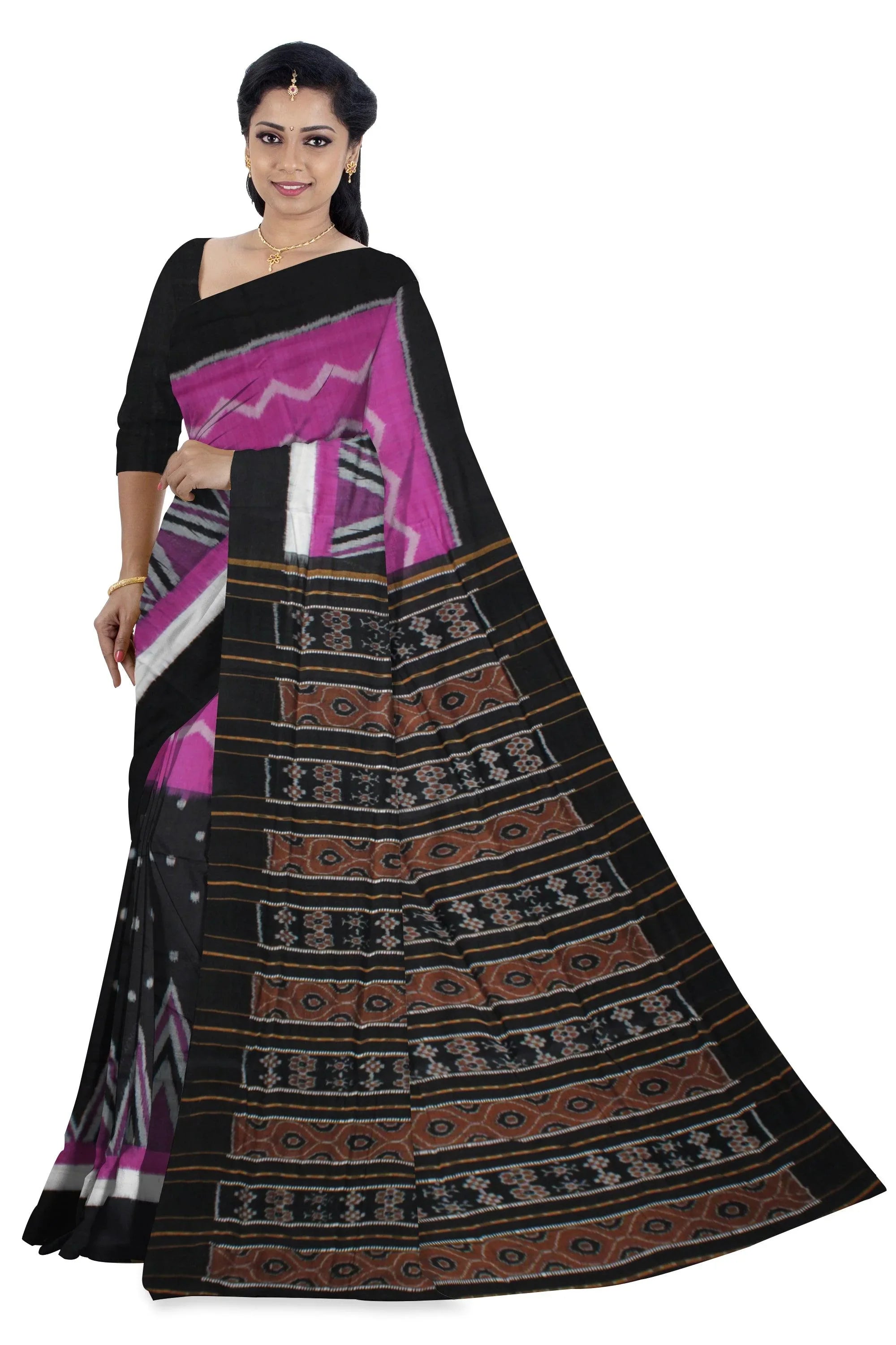 Pink and Black color Kumbha design Sambalpuri Cotton saree with blouse piece. - Koshali Arts & Crafts Enterprise