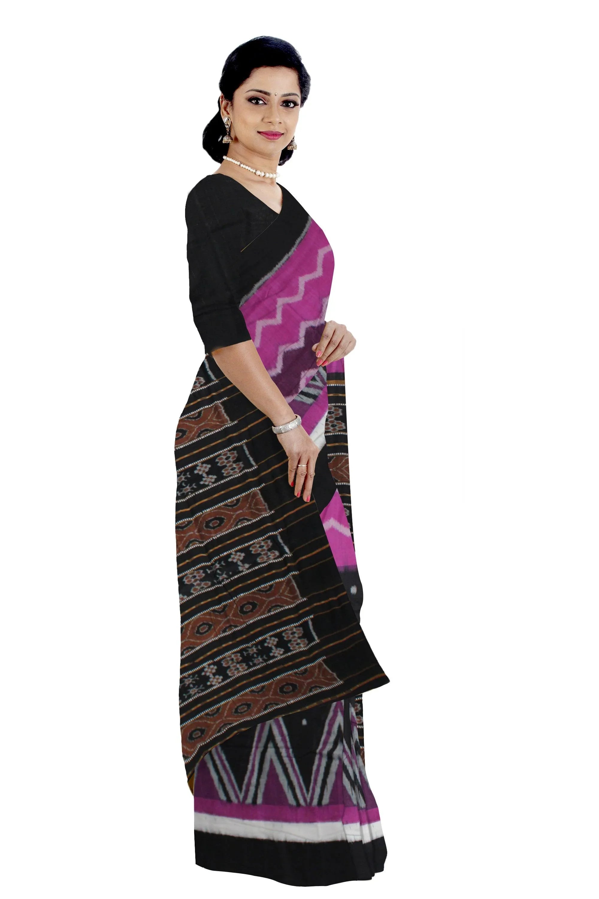Pink and Black color Kumbha design Sambalpuri Cotton saree with blouse piece. - Koshali Arts & Crafts Enterprise