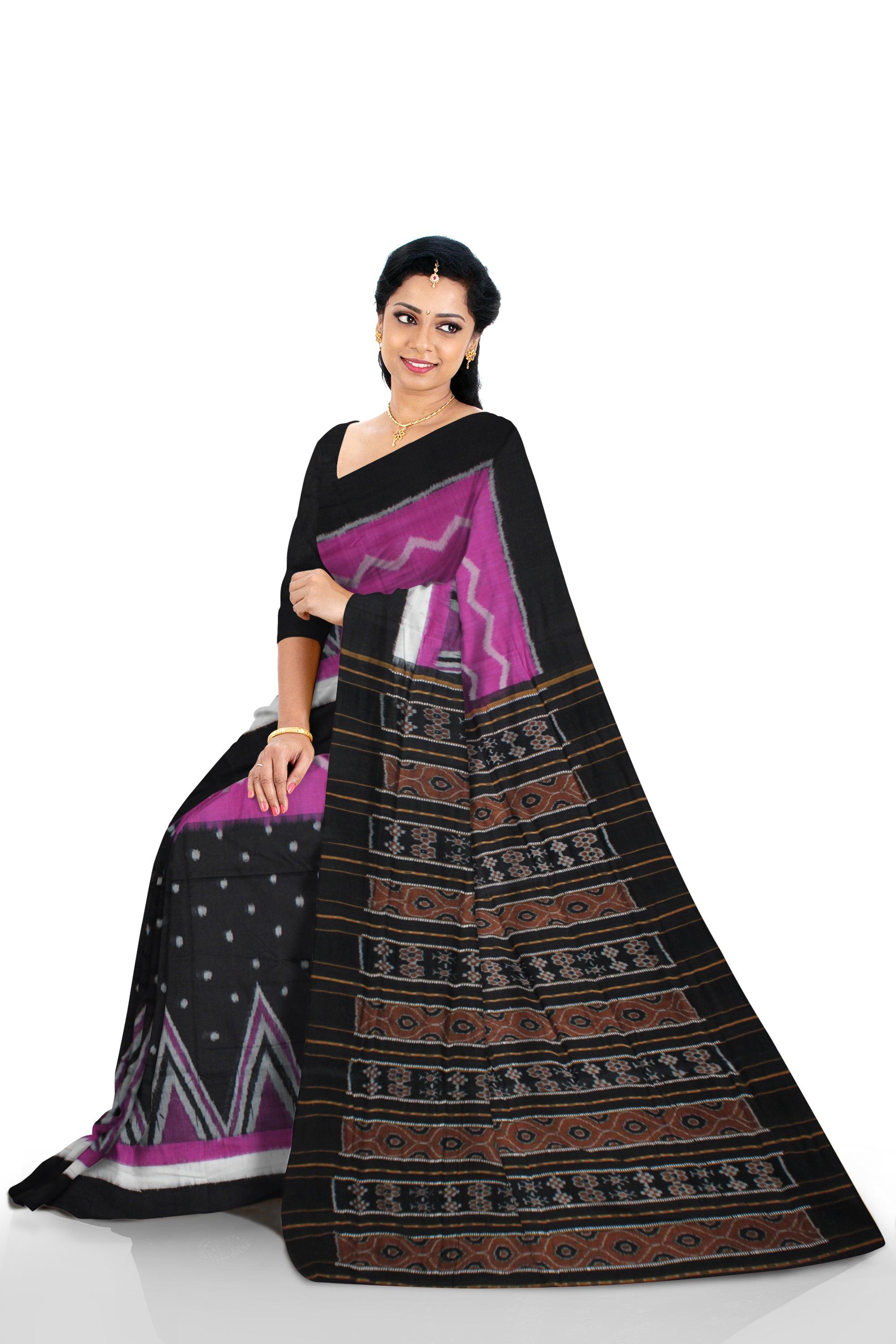 Pink and Black color Kumbha design Sambalpuri Cotton saree with blouse piece. - Koshali Arts & Crafts Enterprise