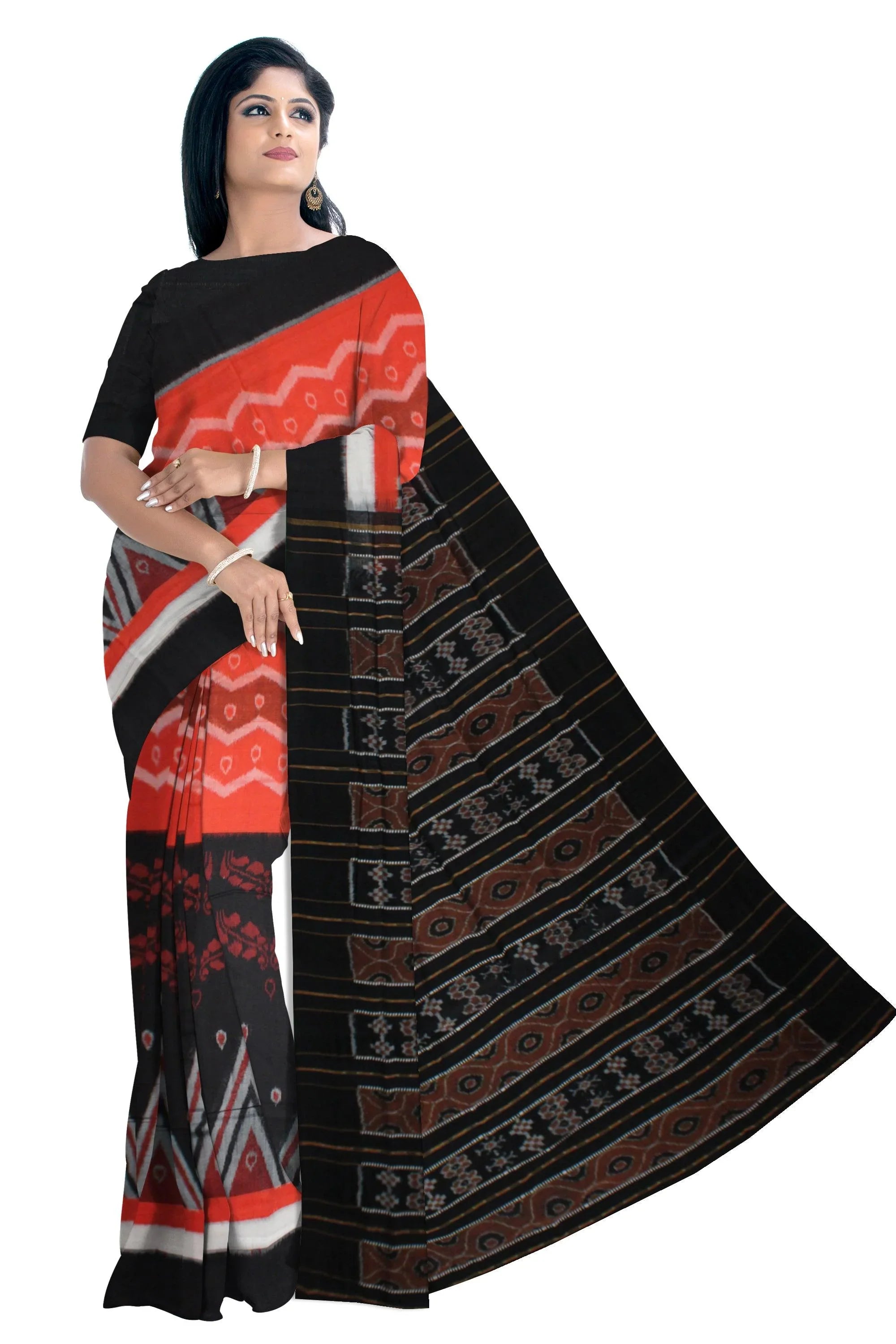 Orange and Black color Kumbha design Sambalpuri Cotton saree with blouse piece. - Koshali Arts & Crafts Enterprise