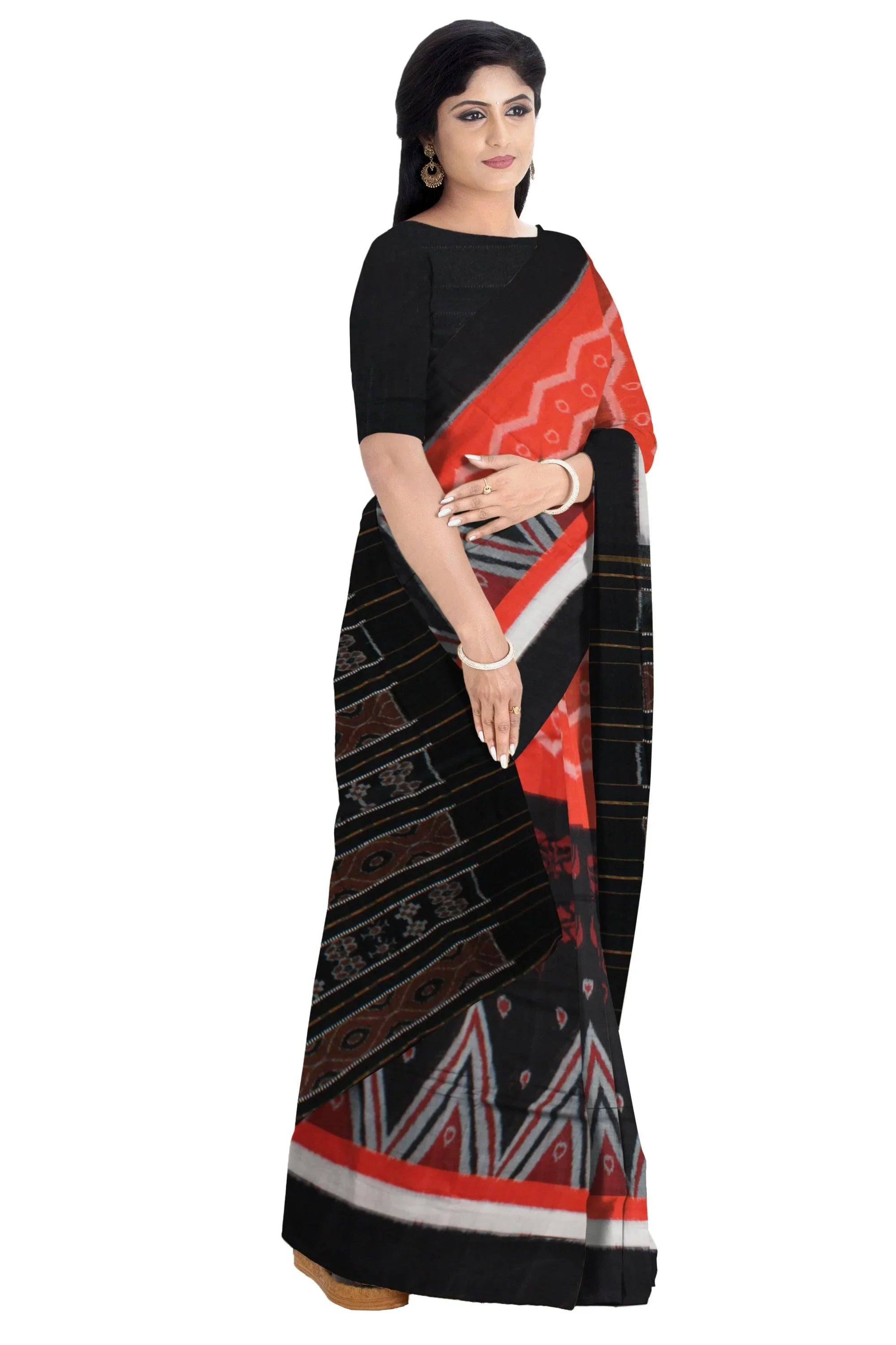 Sambalpuri black and orange colour cotton saree with blouse piece. - Koshali Arts & Crafts Enterprise
