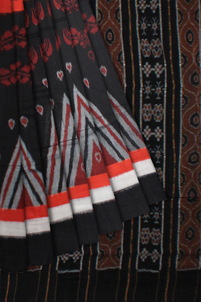 Orange and Black color Kumbha design Sambalpuri Cotton saree with blouse piece. - Koshali Arts & Crafts Enterprise