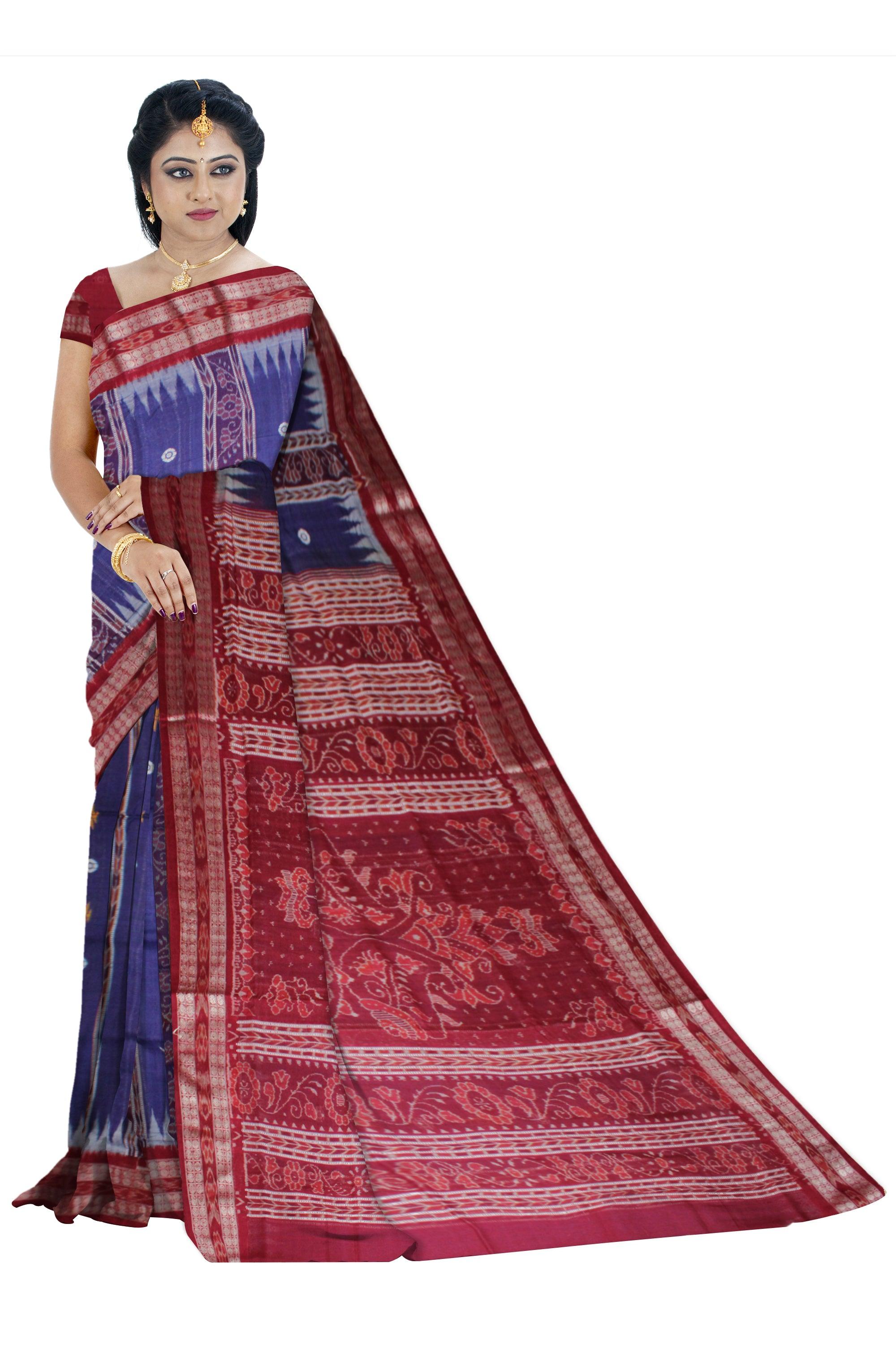New Design Booty pattern Sambalpuri Saree in Blue and Maroon Color Cotton saree with blouse piece . - Koshali Arts & Crafts Enterprise