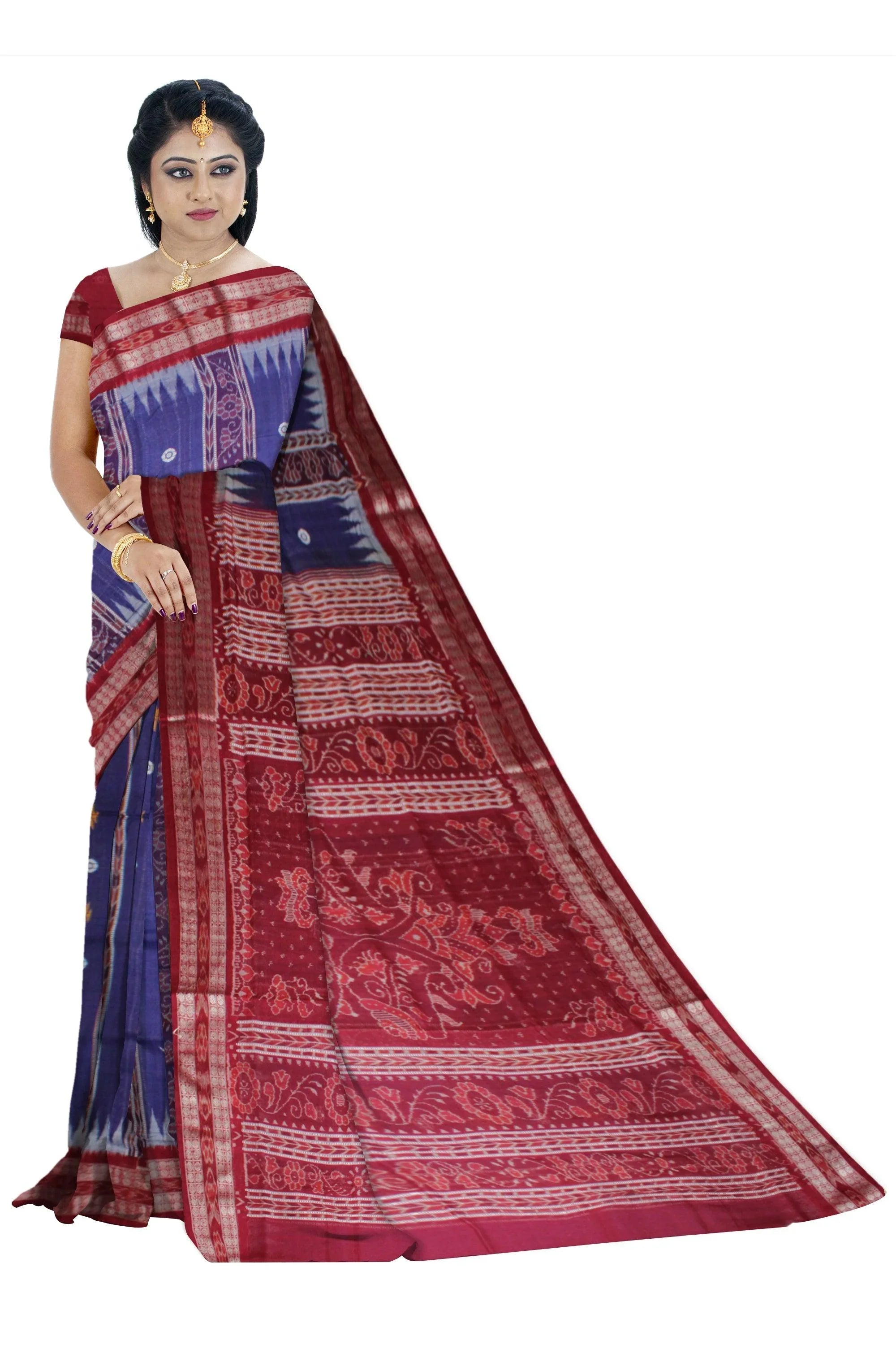 Booty pattern Sambalpuri Saree in Blue and Maroon Color Cotton saree with blouse piece . - Koshali Arts & Crafts Enterprise