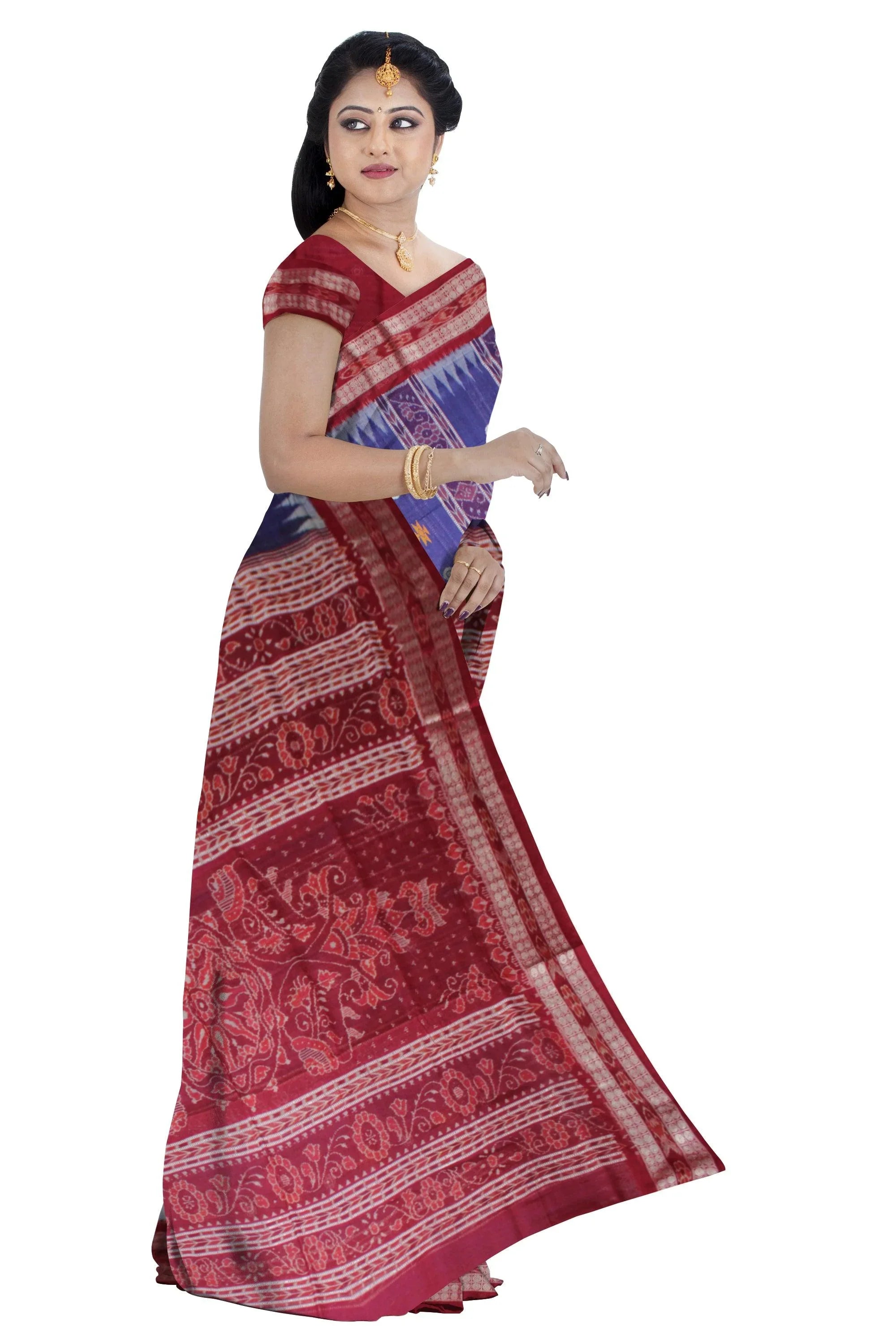 Booty pattern Sambalpuri Saree in Blue and Maroon Color Cotton saree with blouse piece . - Koshali Arts & Crafts Enterprise
