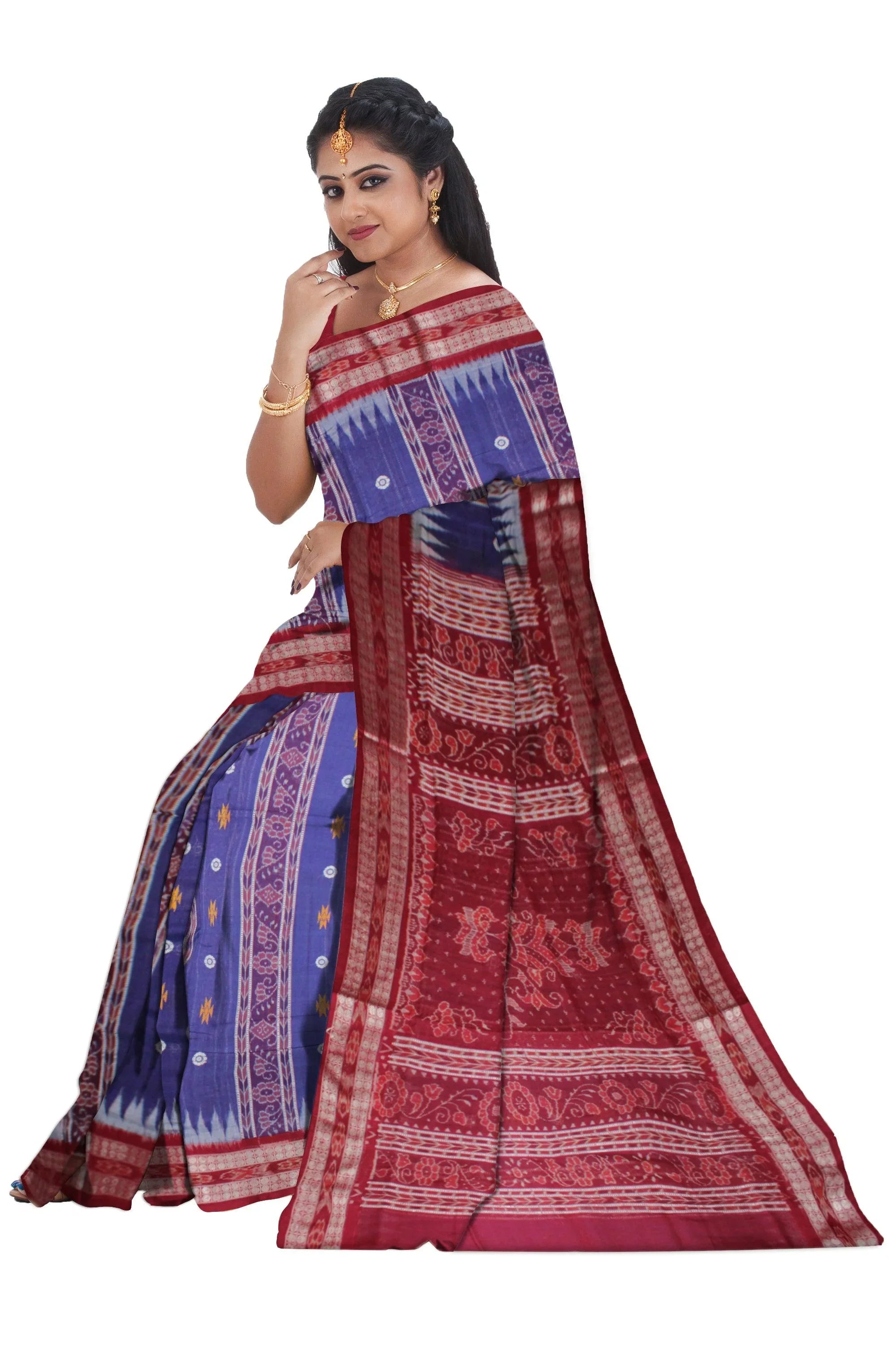 Booty pattern Sambalpuri Saree in Blue and Maroon Color Cotton saree with blouse piece . - Koshali Arts & Crafts Enterprise